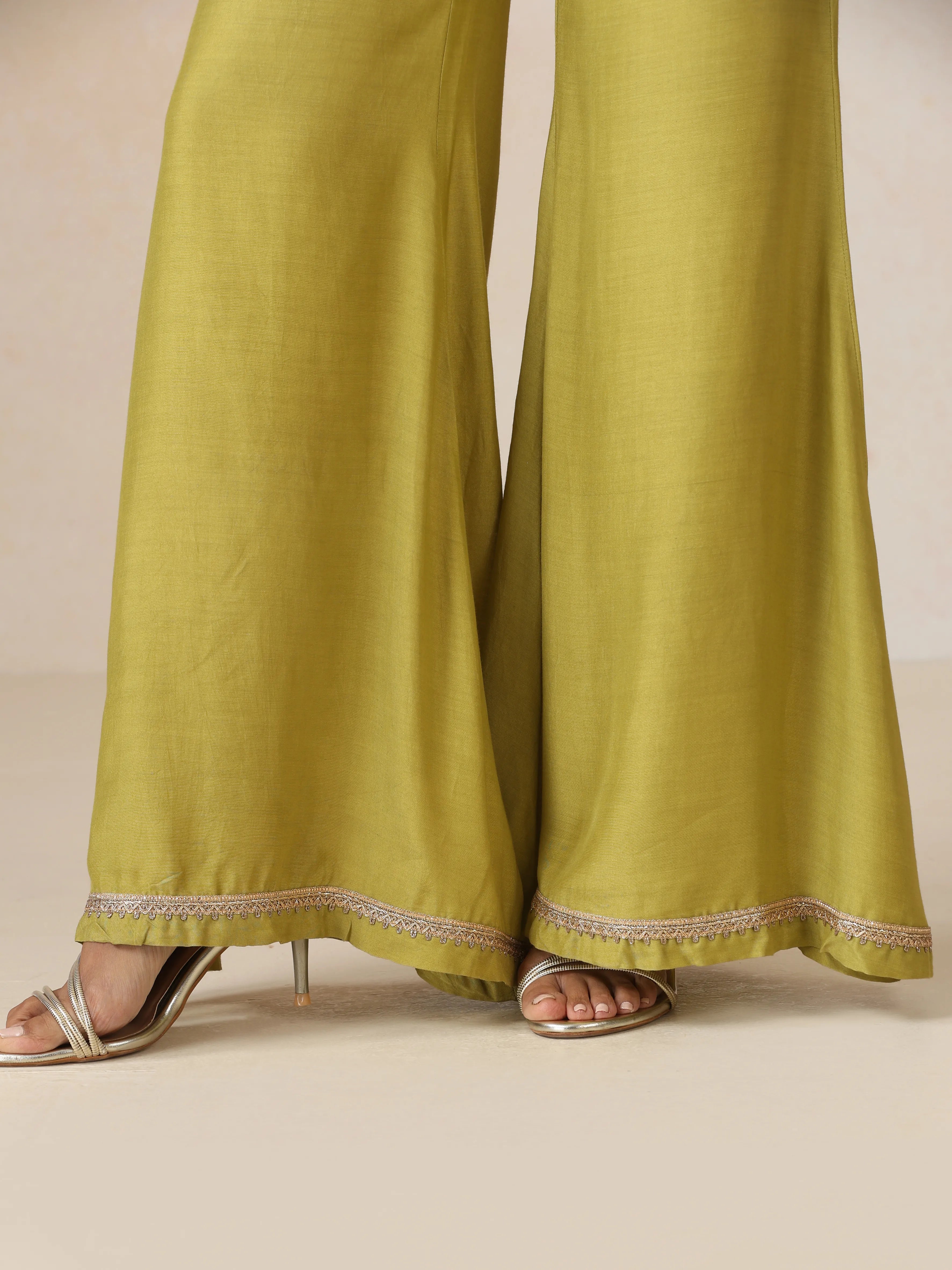 trueBrowns Light Green Pink Jaal Print Viscose Jacket and Flared Pants Co-ord Set