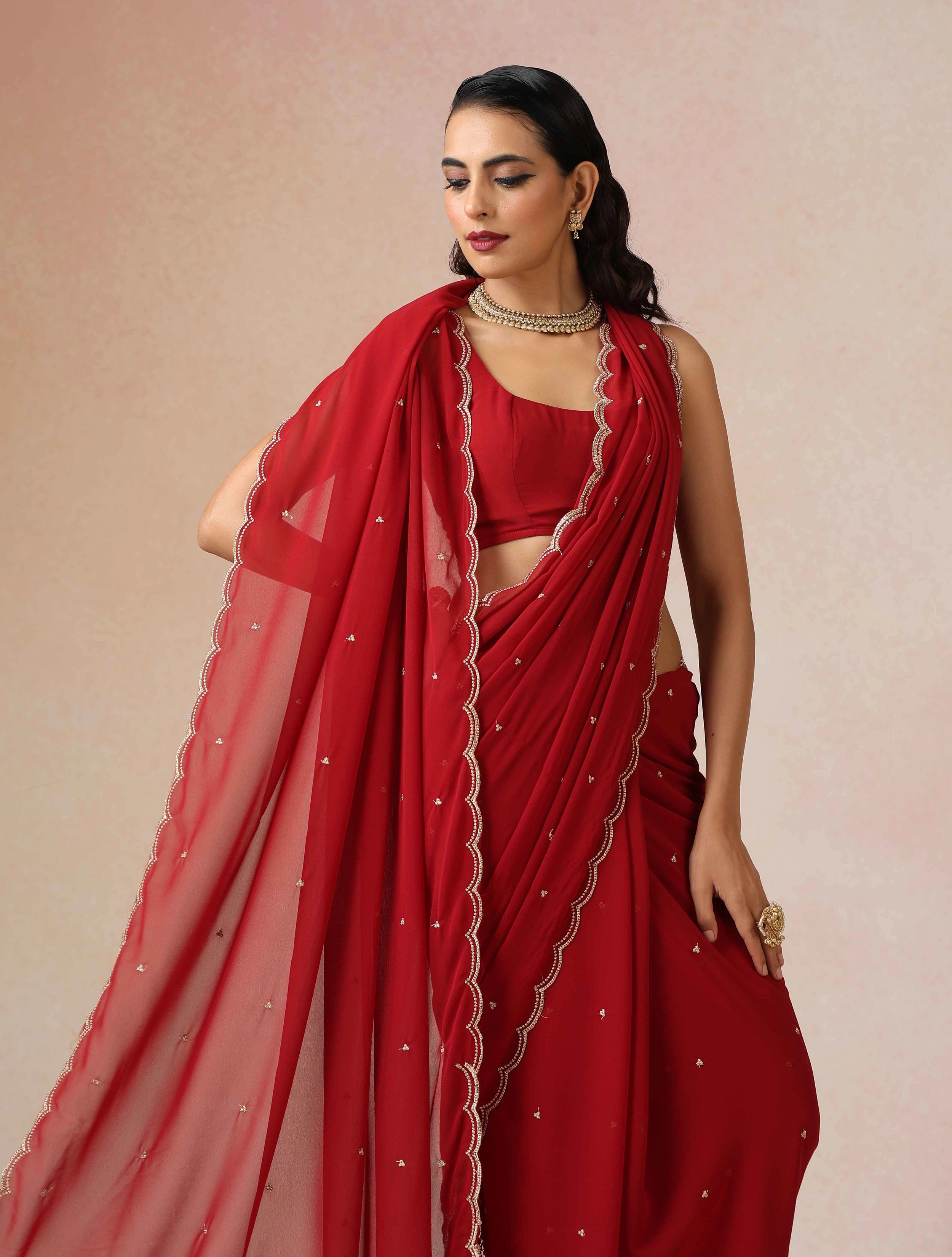 trueBrowns Maroon Georgette Embroidered Saree With unstitched Blouse