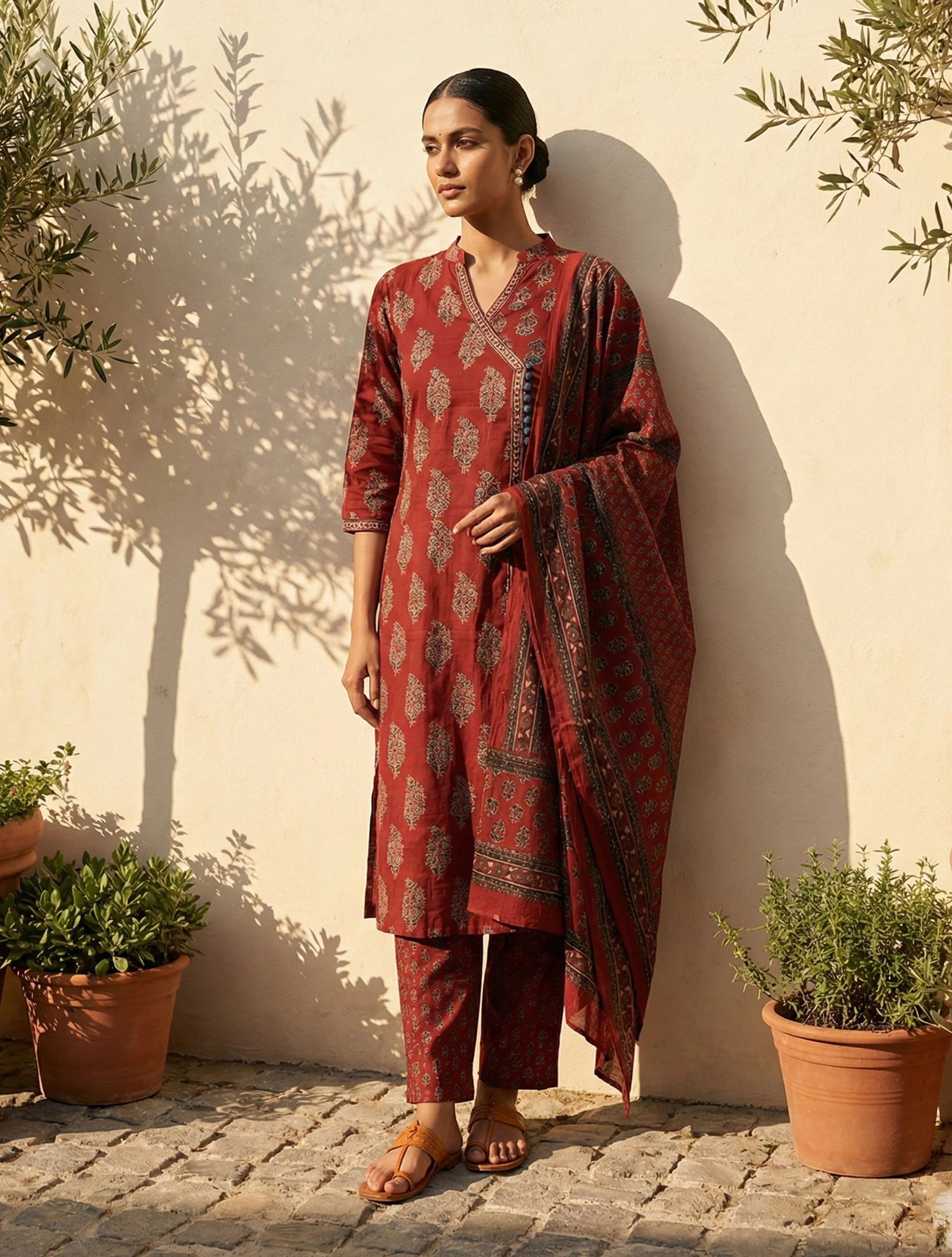 trueBrowns Rust Boota Print Angrakha Kurta Pant Dupatta Set