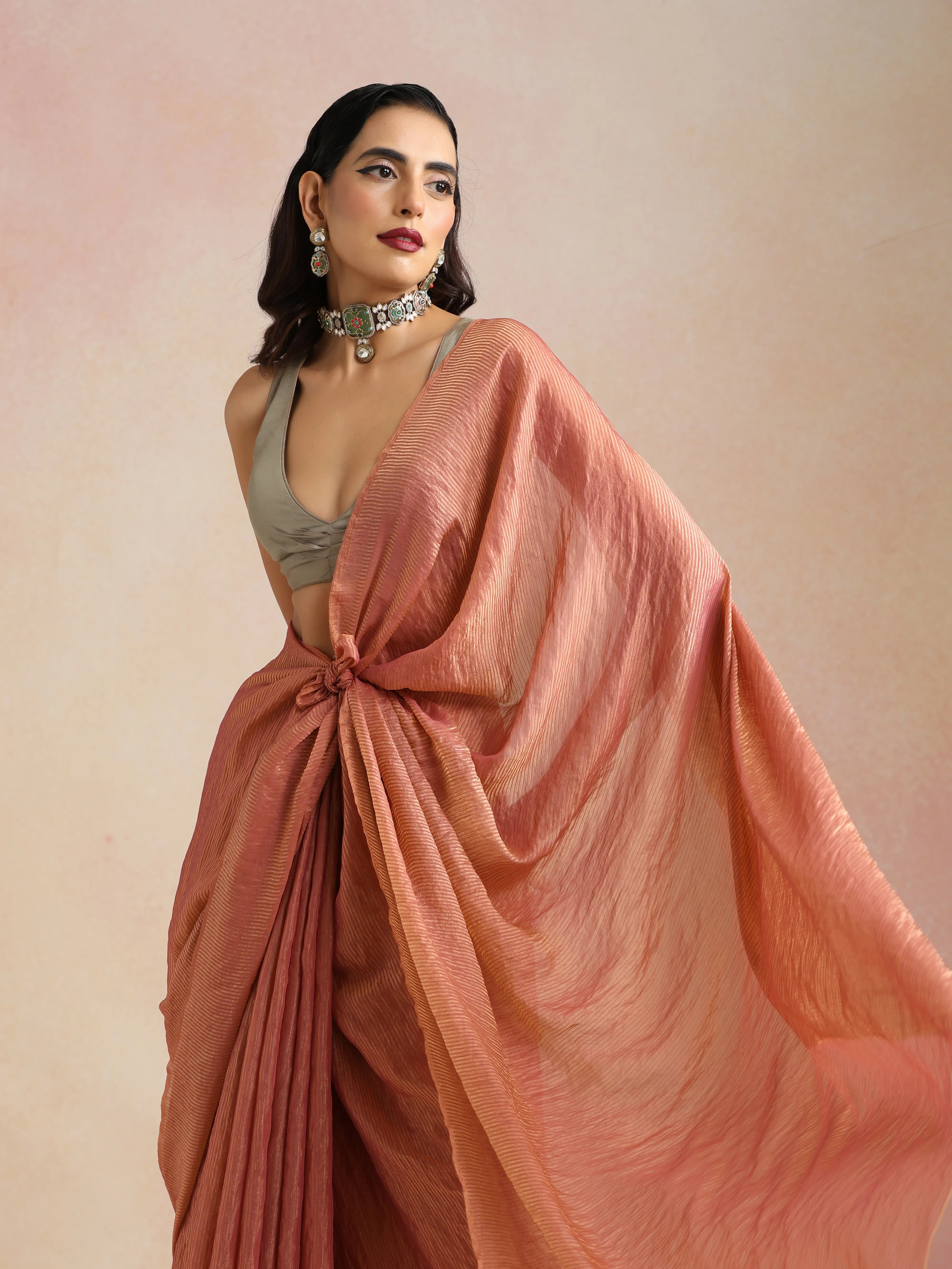 trueBrowns Peach Copper Tissue Saree With Unstitched Blouse