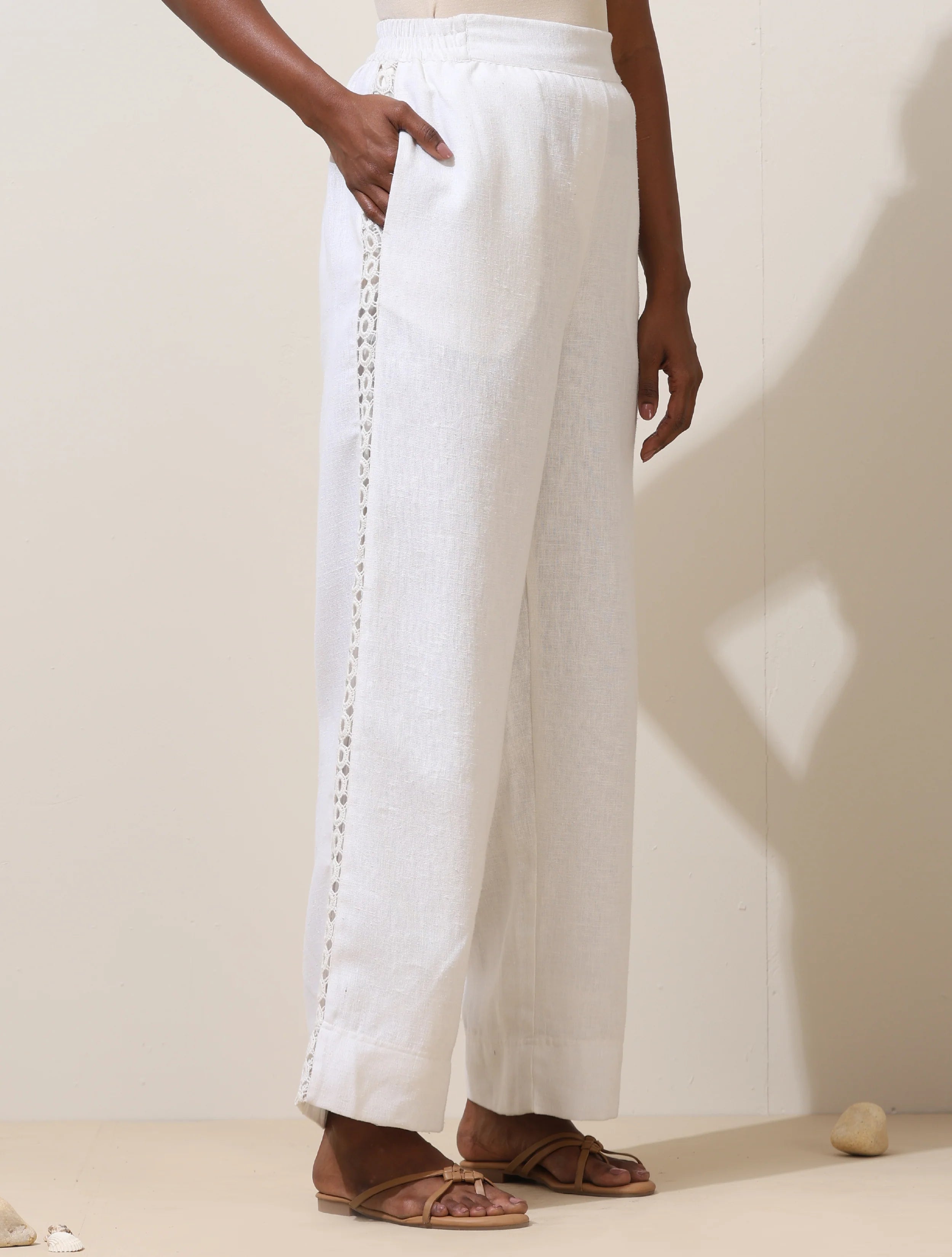 trueBrowns Attar White Crochet Natural Cotton Shirt Co-ord Set