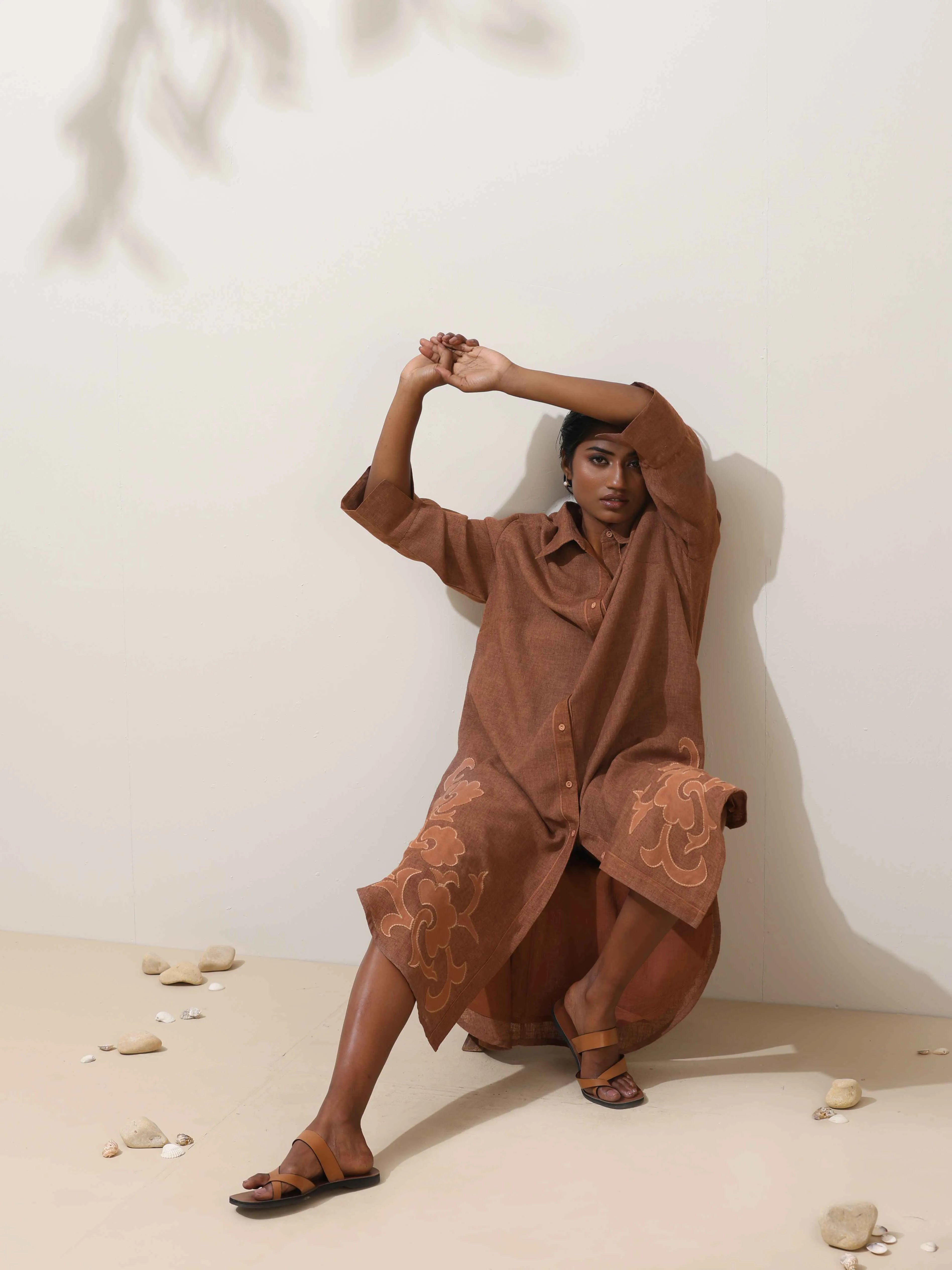 trueBrowns Sierra Brown Embroidered Natural Cotton Dress