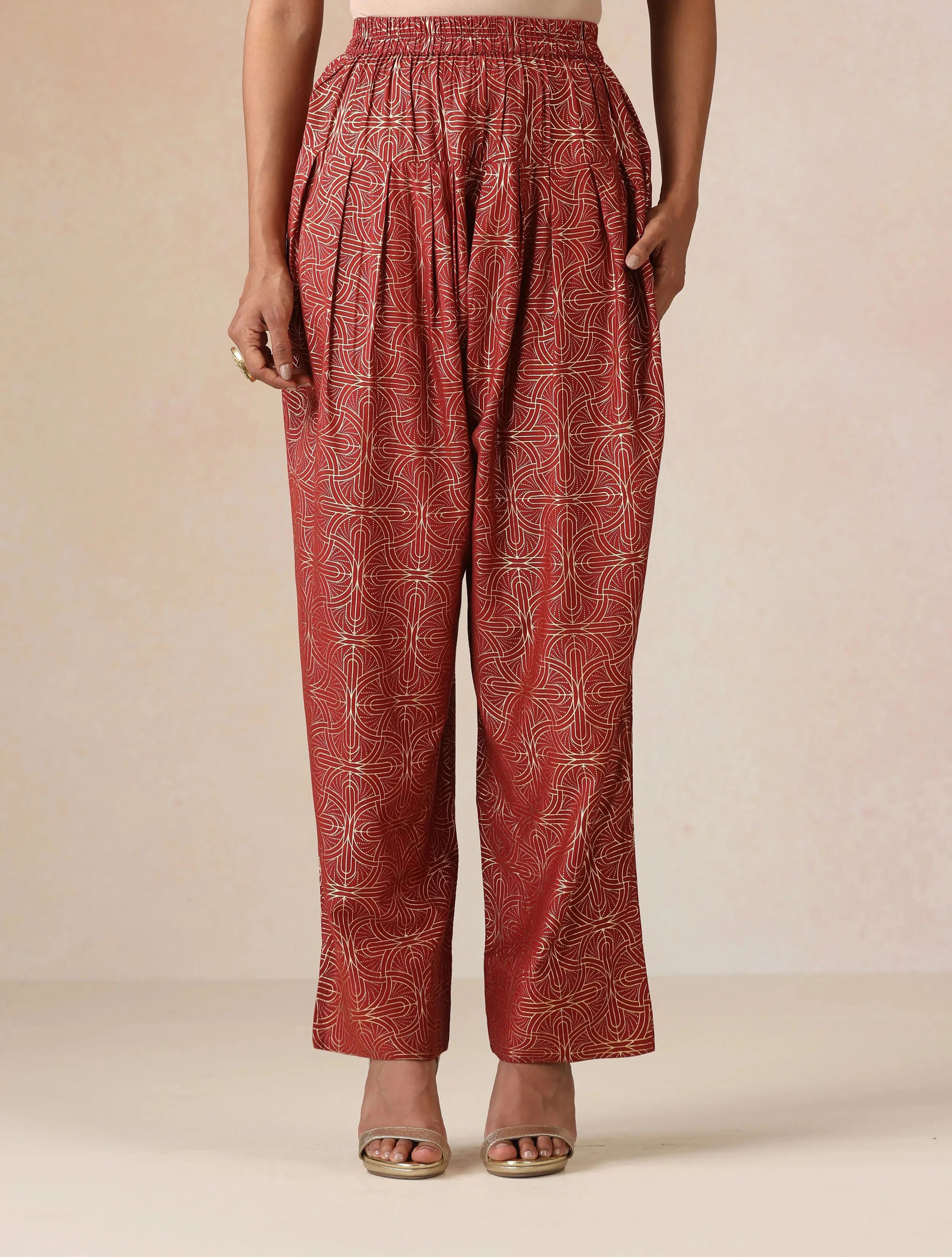 trueBrowns Mustard Gold Foil Print Muslin Silk Kurta Farsi Pants Set