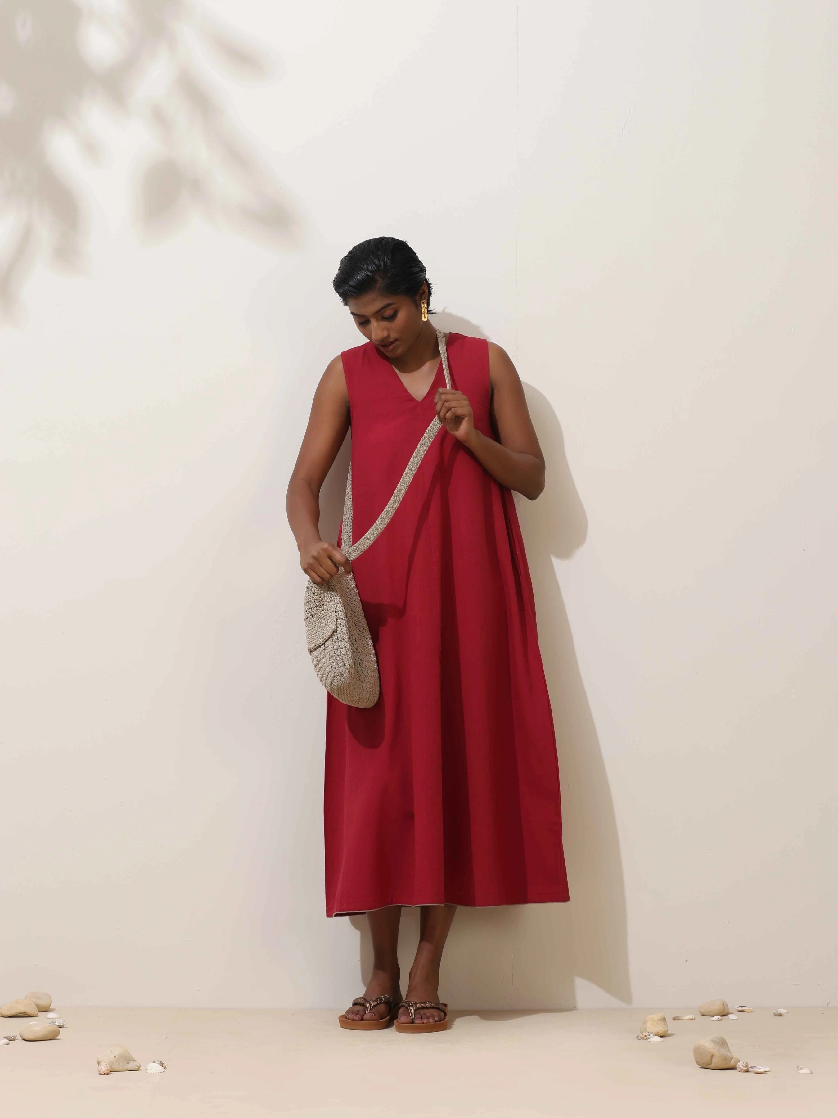 trueBrowns Maroon Cotton Linen Dress