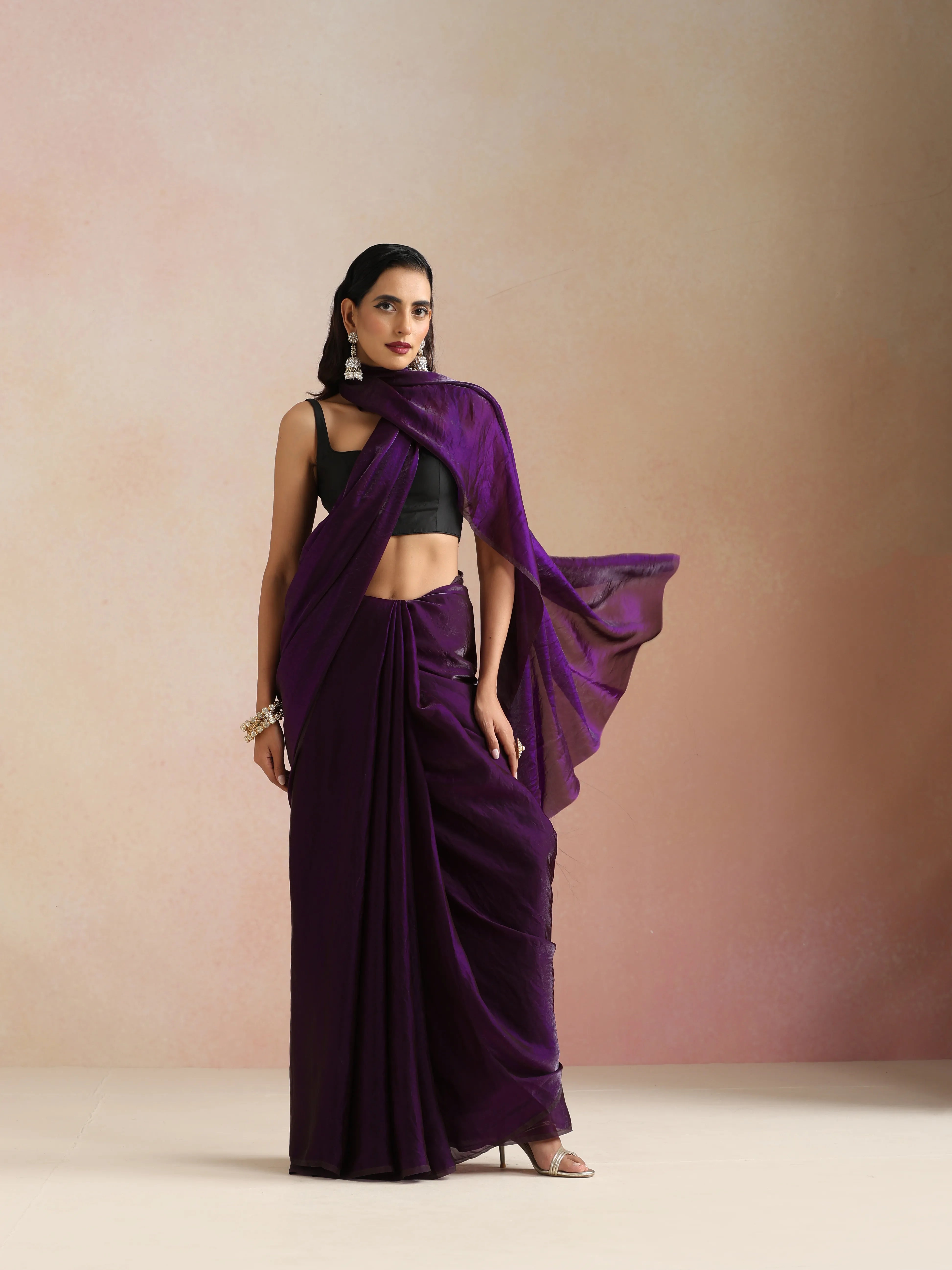 trueBrowns Purple Tissue Saree With Unstitched Blouse
