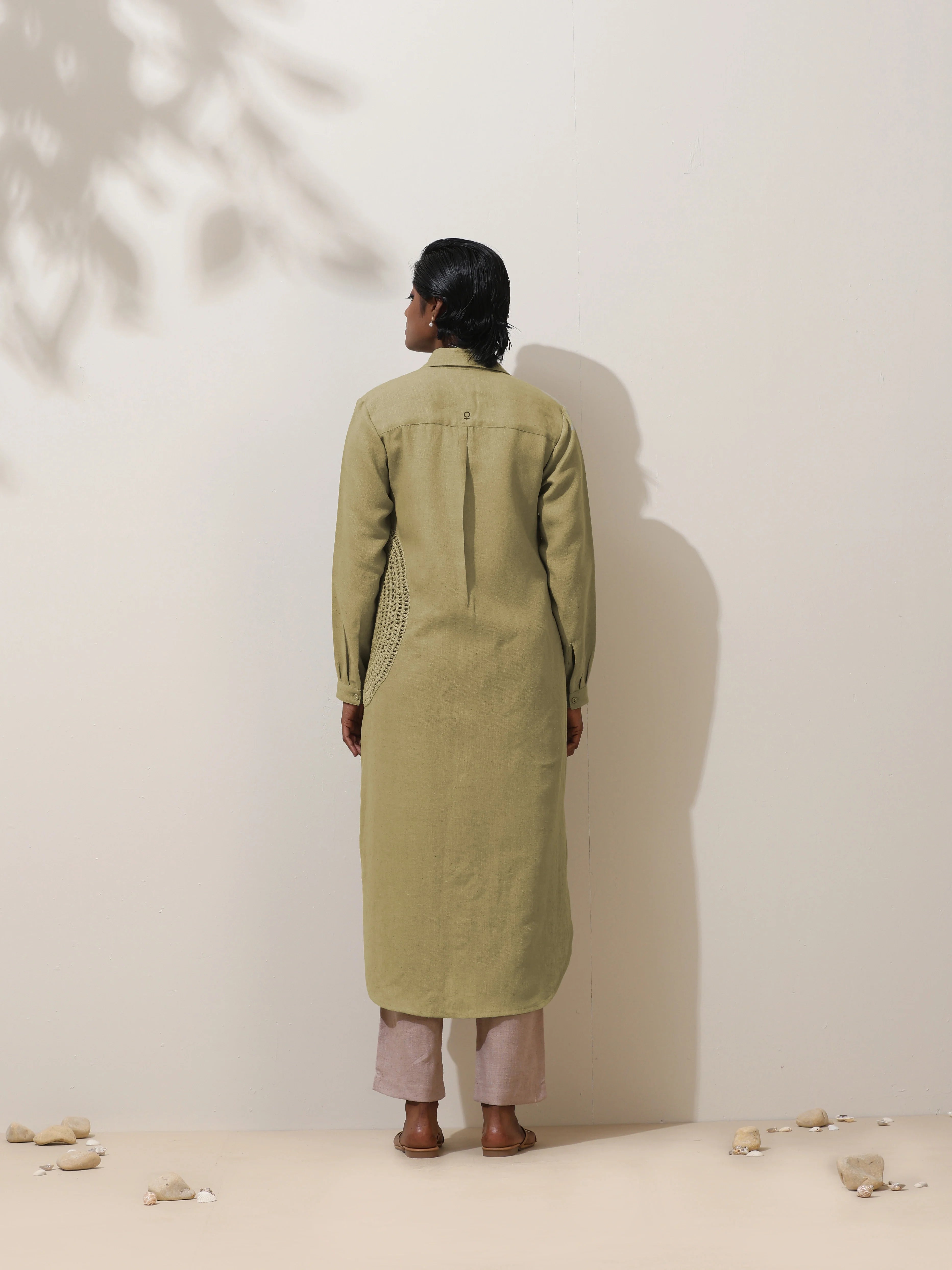 trueBrowns Fern Green Crochet Natural Cotton Kurta Pant Set