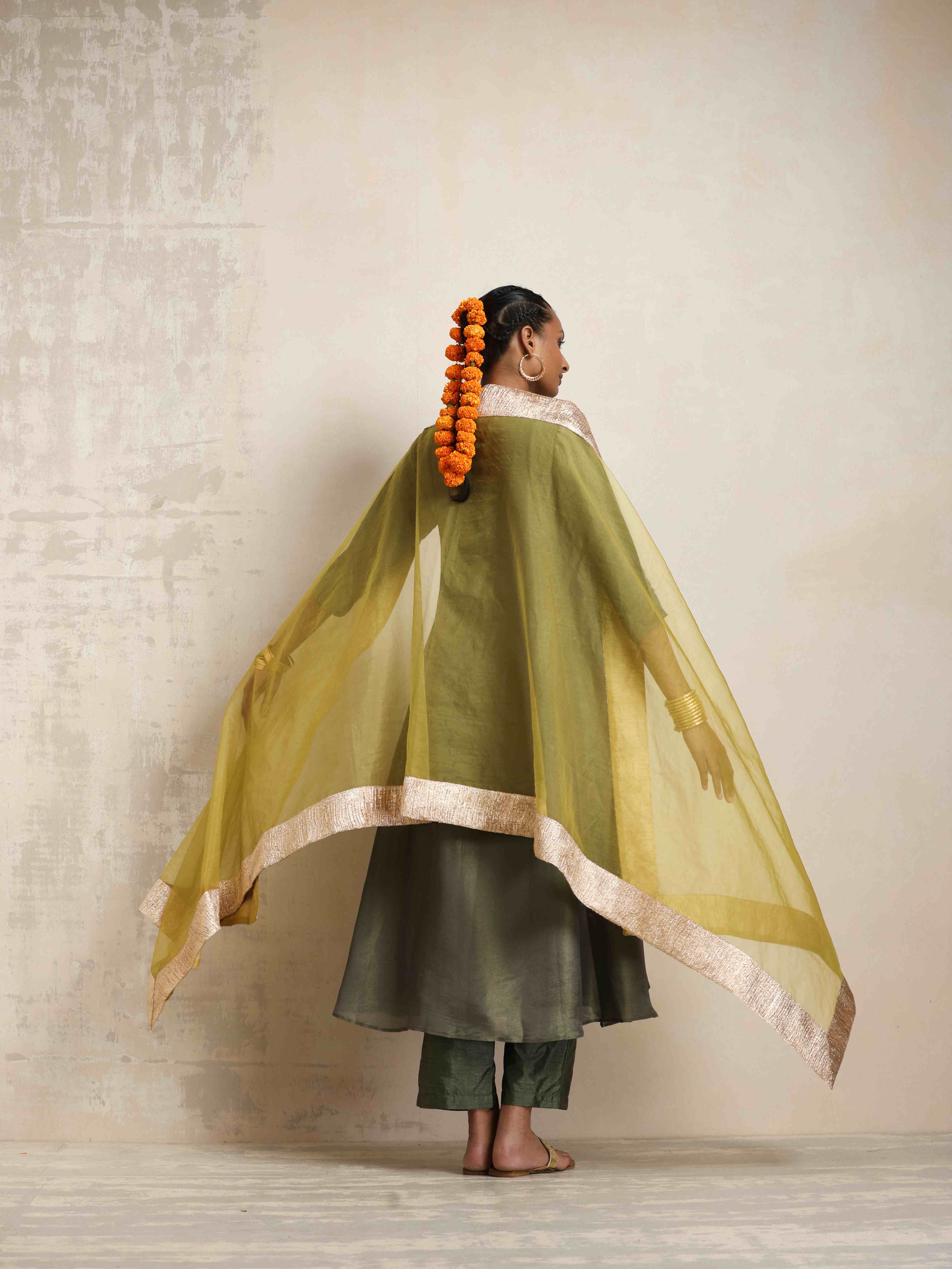 trueBrowns Green Tissue Anarkali Kurta Dupatta Set