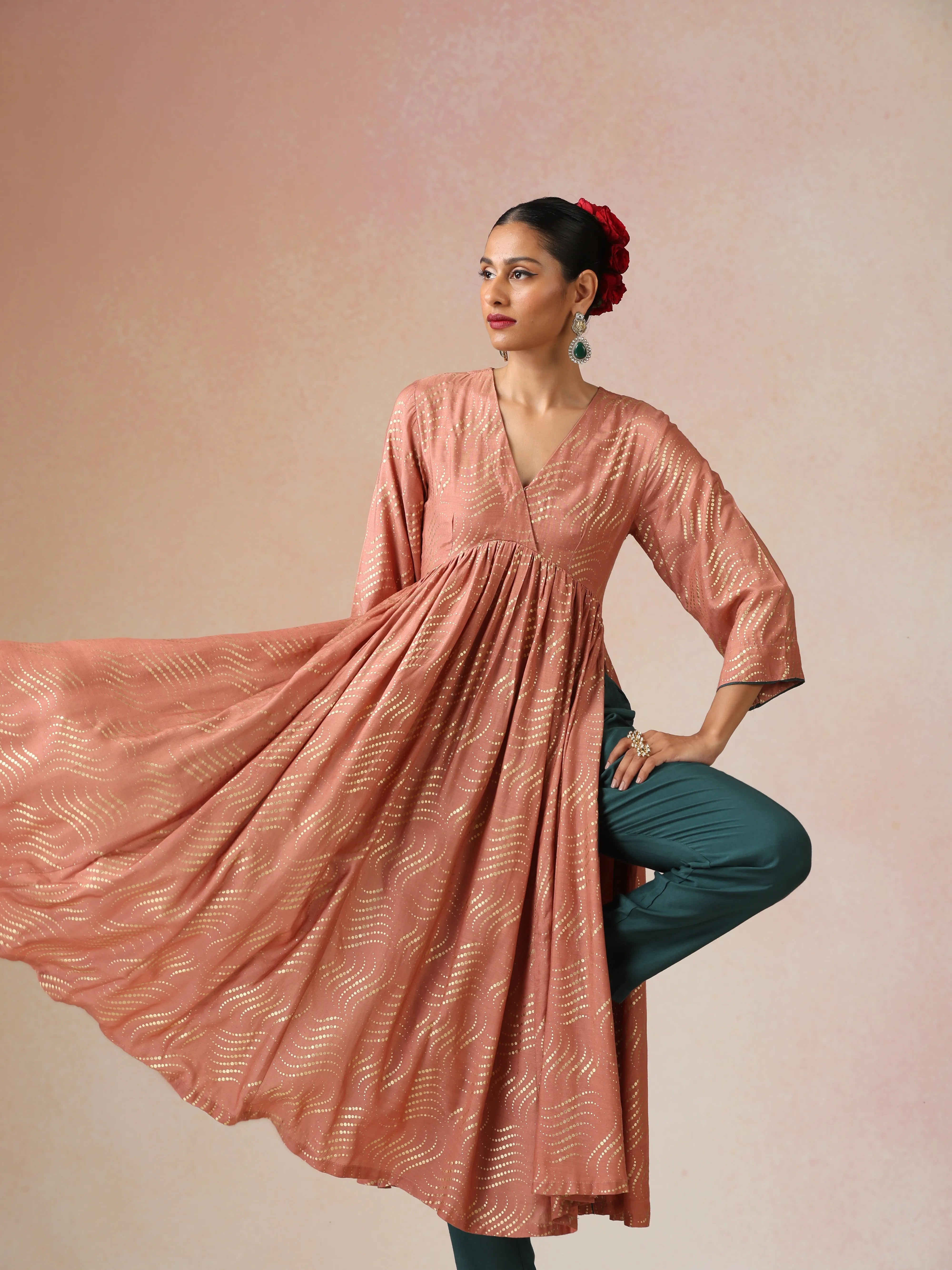 trueBrowns Peach Gold Foil Print Muslin Silk Anarkali High-Slit Kurta Set