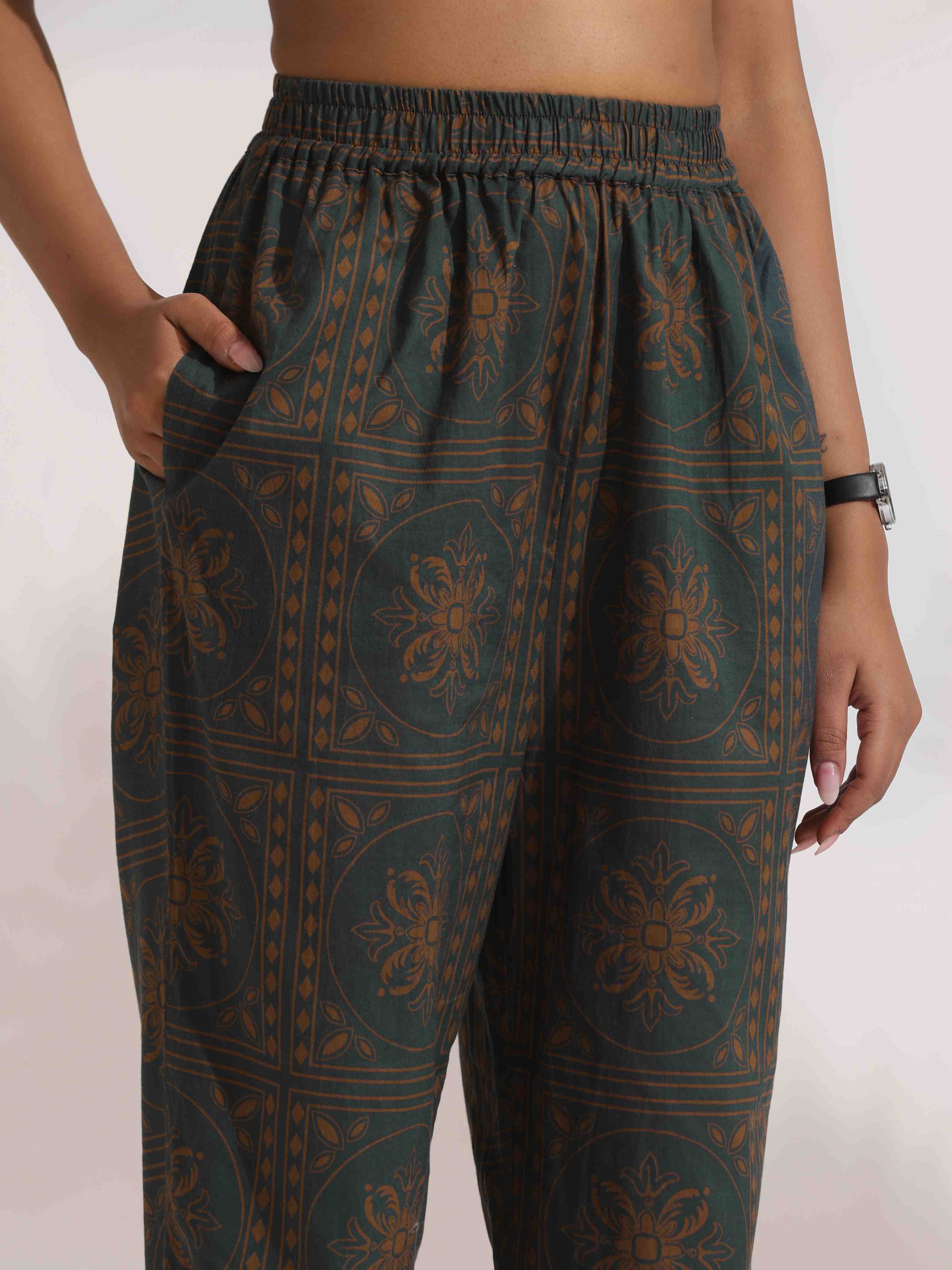 trueBrowns Green Cotton Print Shirt Top & Pants Co-ord Set