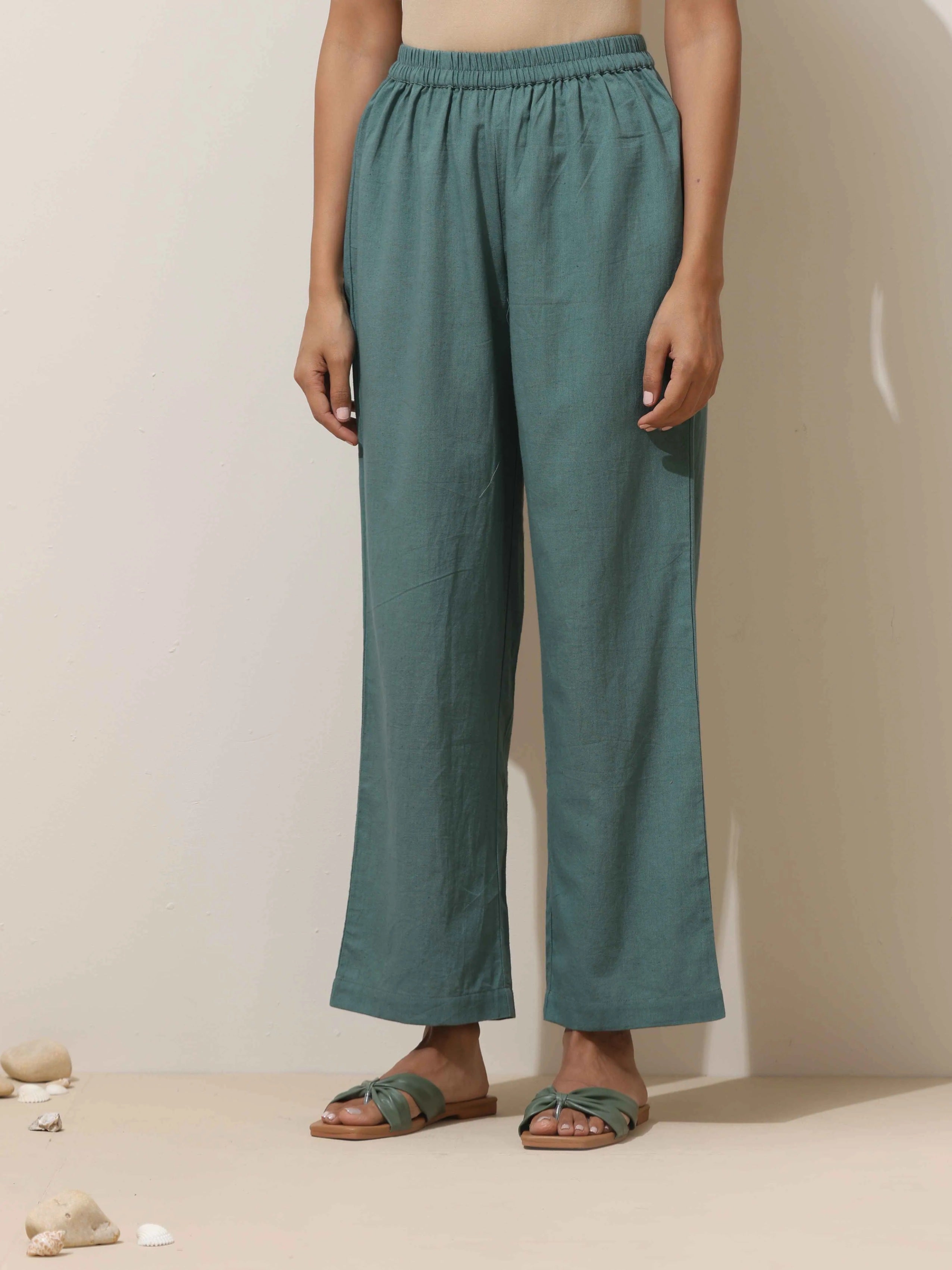 trueBrowns Green Cotton Linen Kurta Pant Set