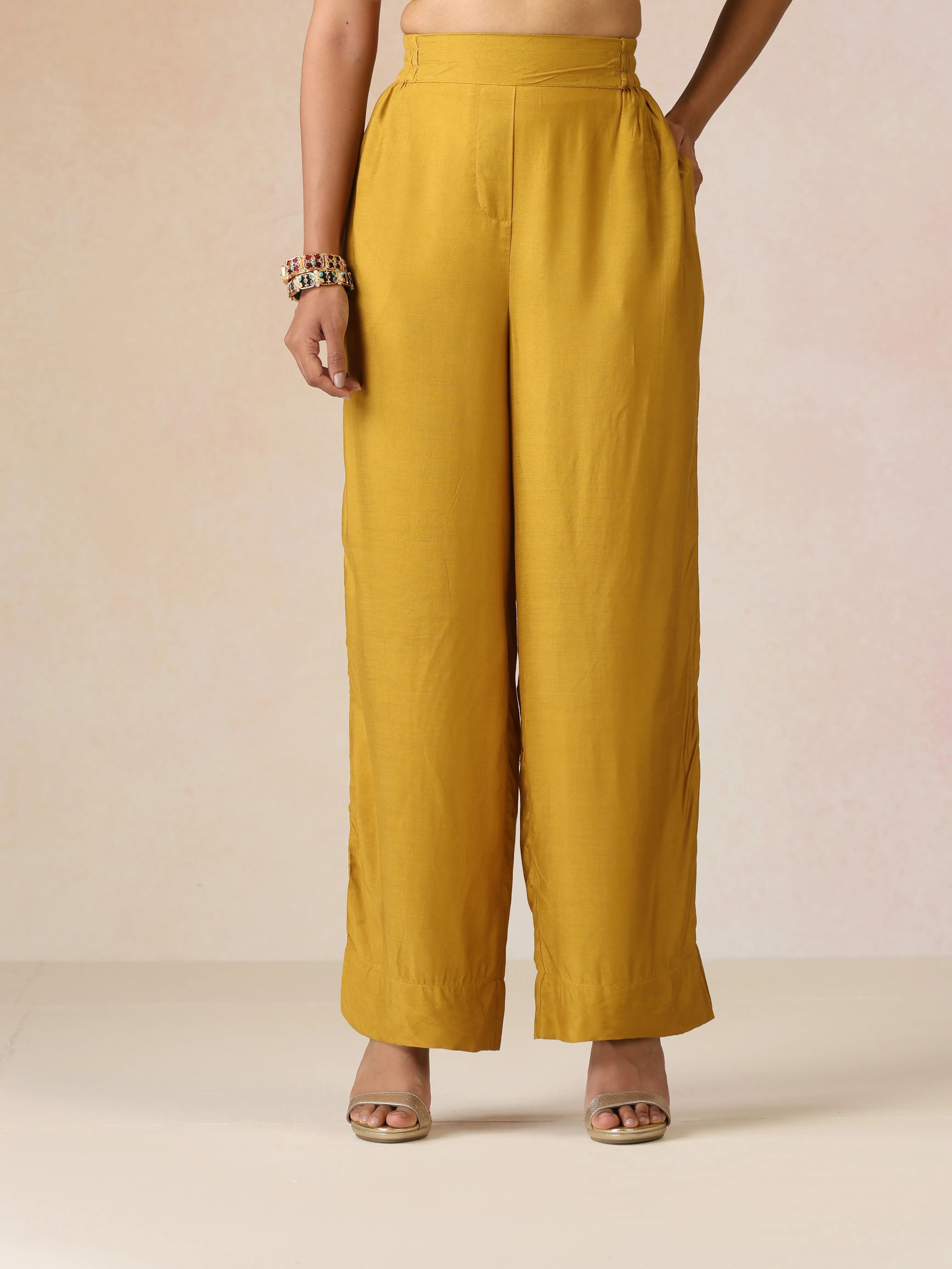 trueBrowns Mustard and Purple Gold Foil Print Muslin Silk Jacket Set