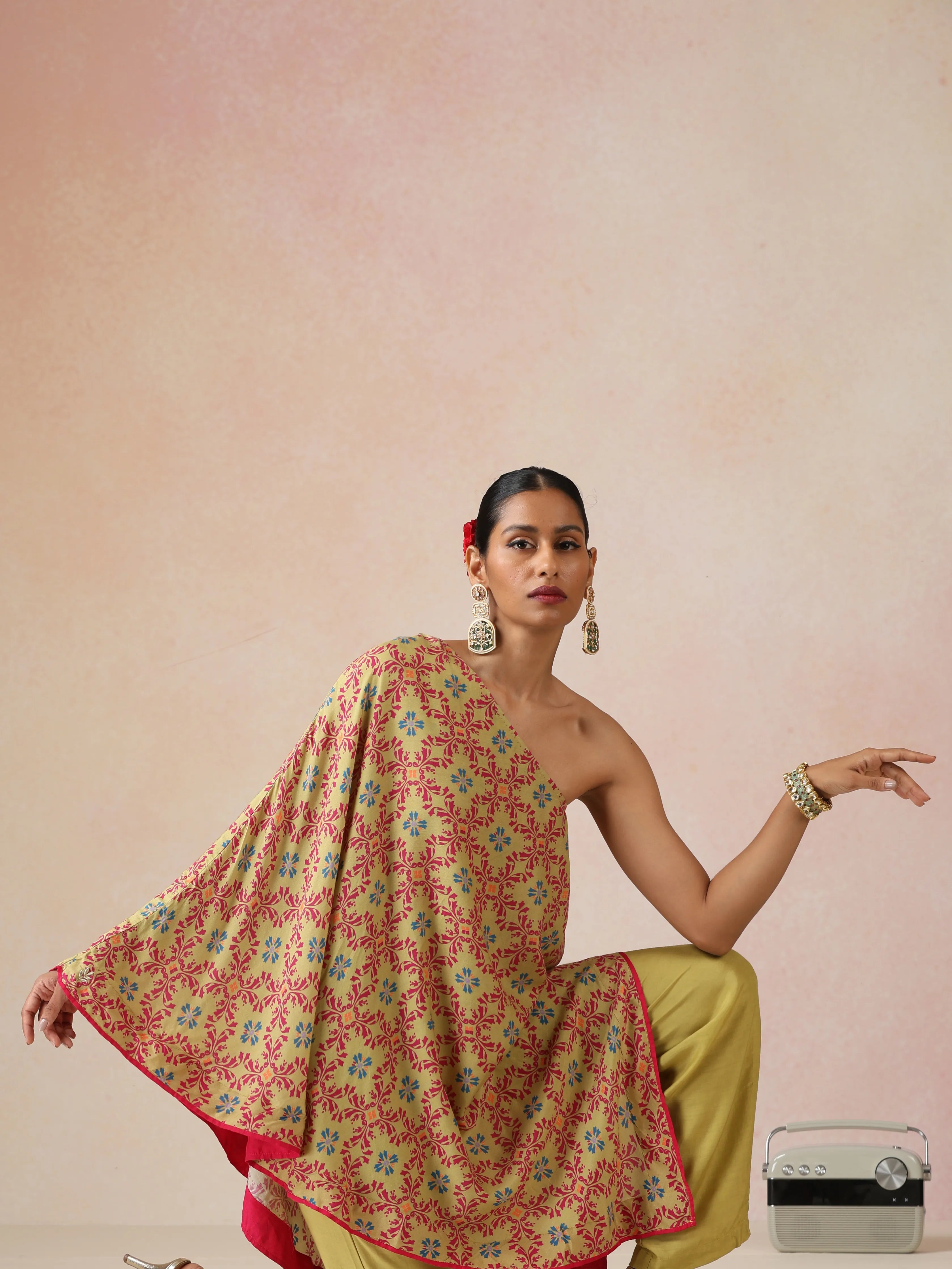 trueBrowns Light Green Pink Jaal Print Viscose Asymmetric One-Shoulder Kurta Co-ord Set