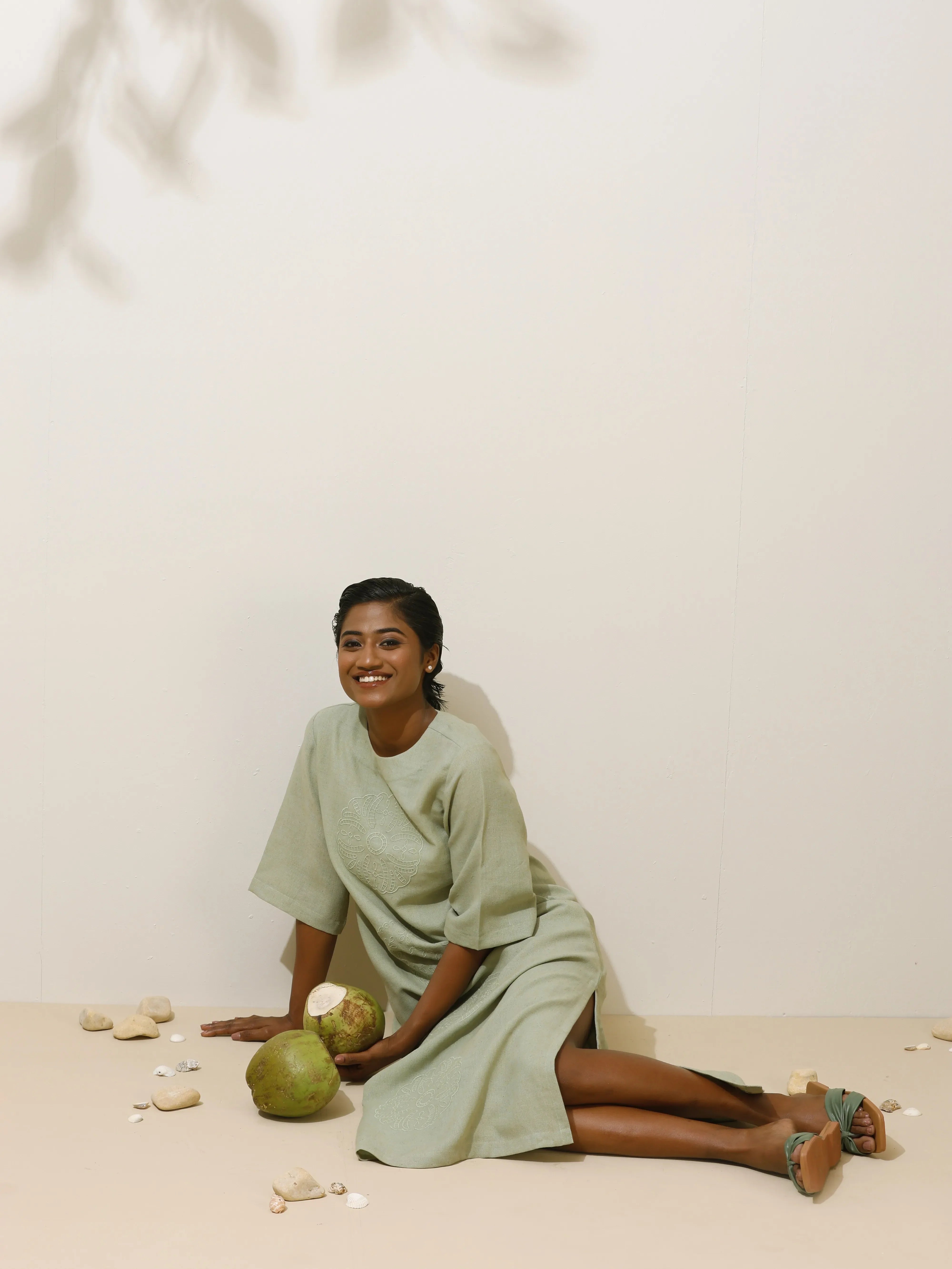 trueBrowns Patcholi Green Embroidered Natural Cotton Dress