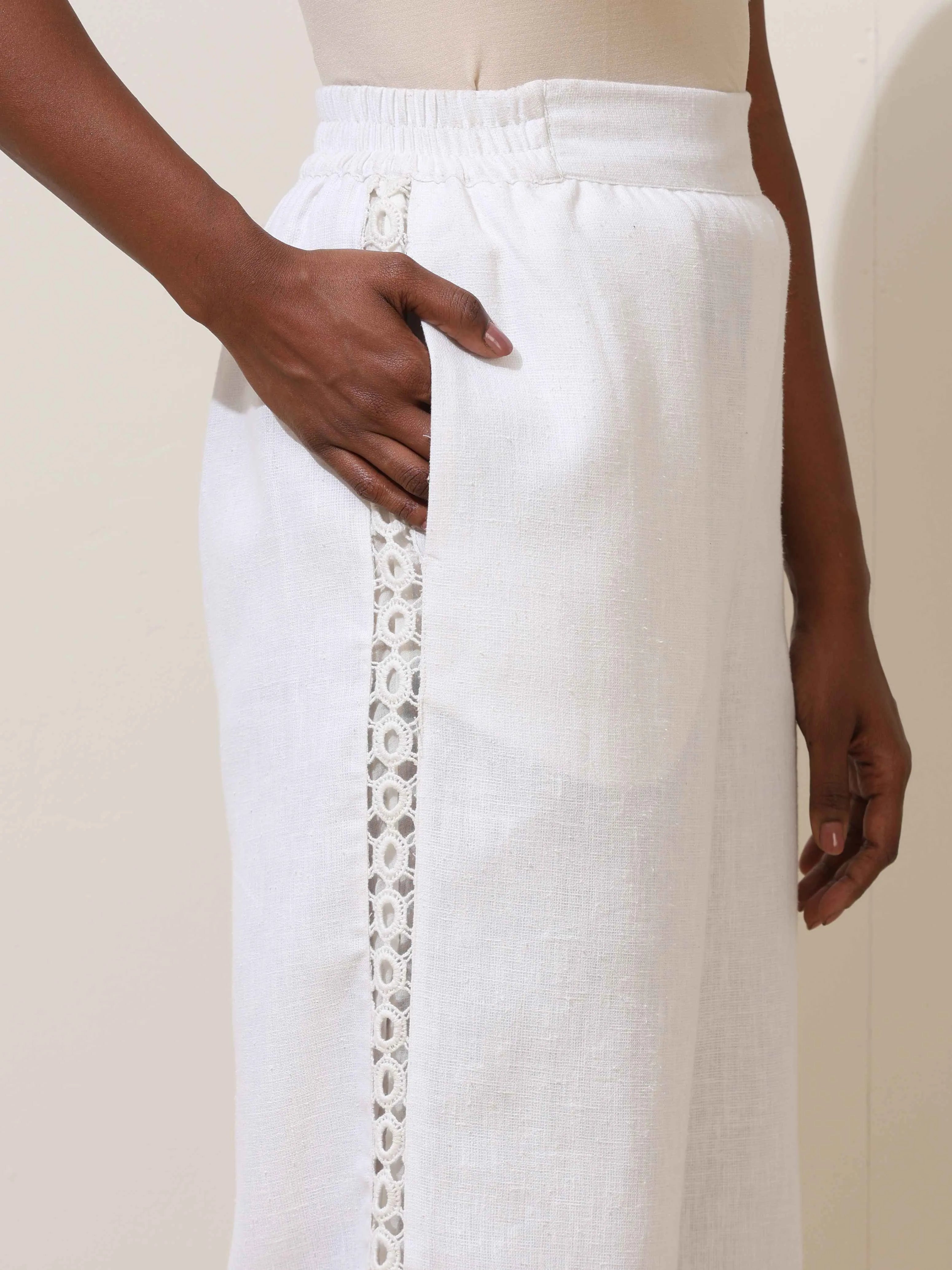 trueBrowns Attar White Crochet Natural Cotton Shirt Co-ord Set