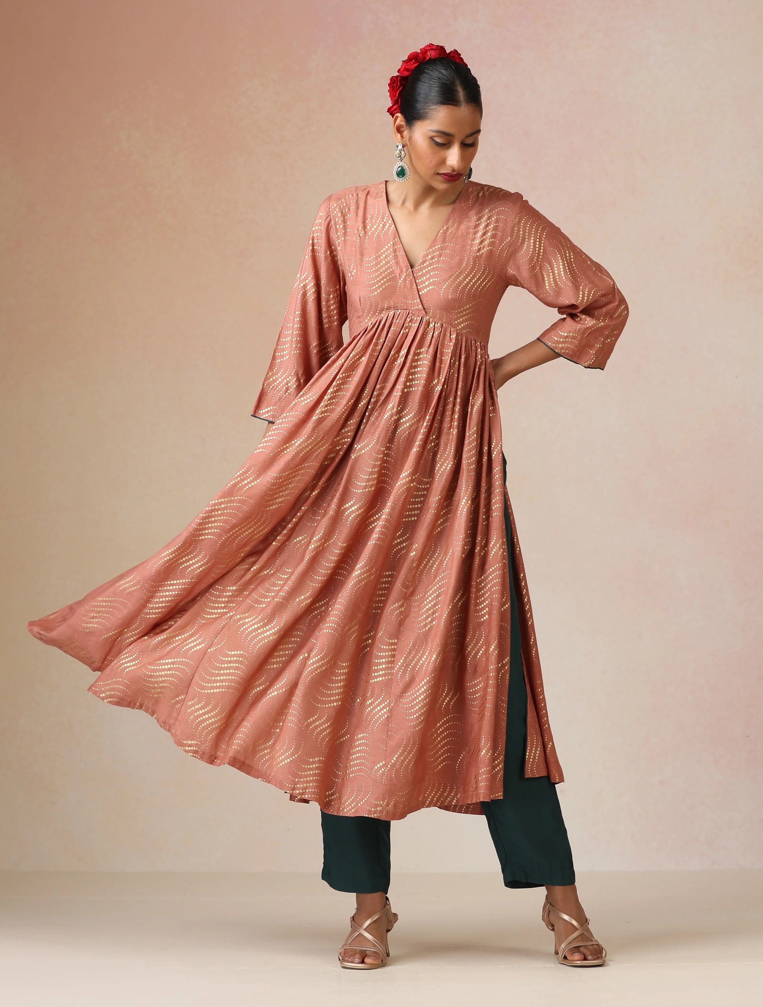 trueBrowns Peach Gold Foil Print Muslin Silk Anarkali High-Slit Kurta Set