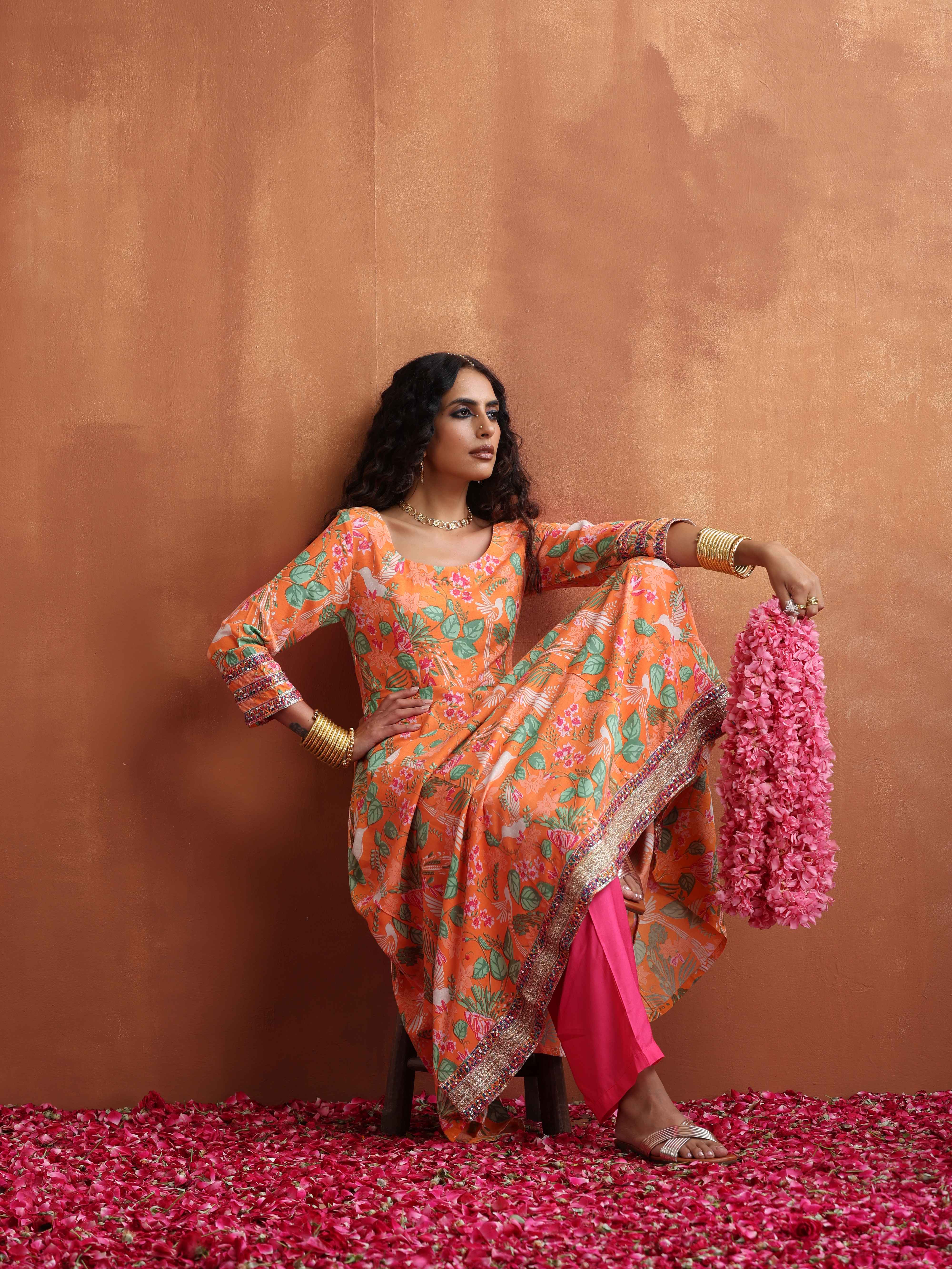 trueBrowns Orange Print Flared Anarkali Kurta Set