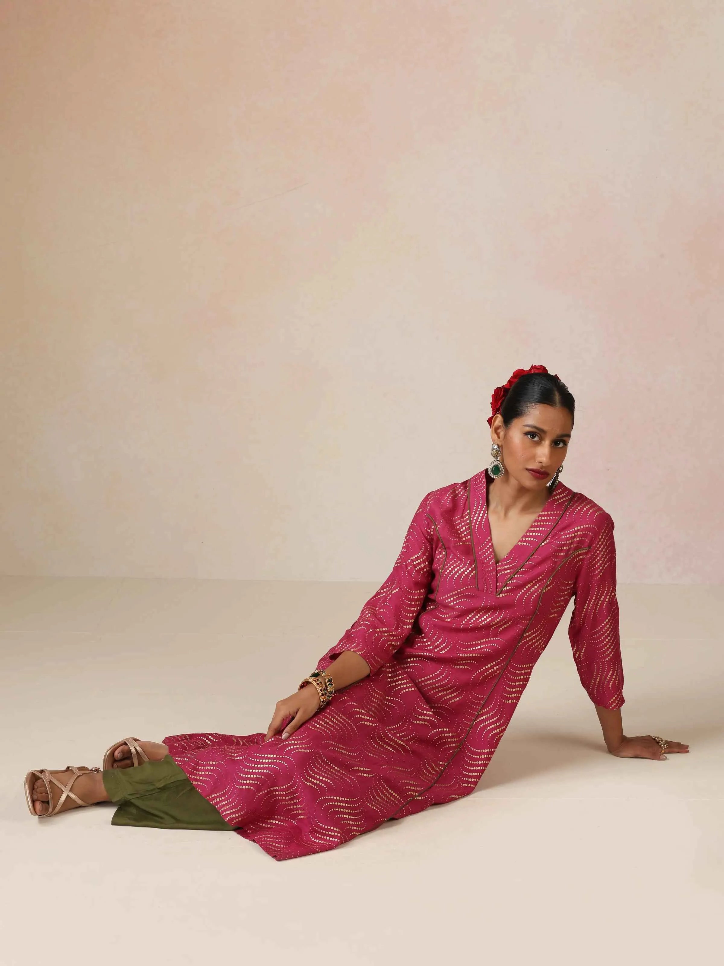 trueBrowns Pink Gold Foil Print Muslin Silk A-line Kurta Set
