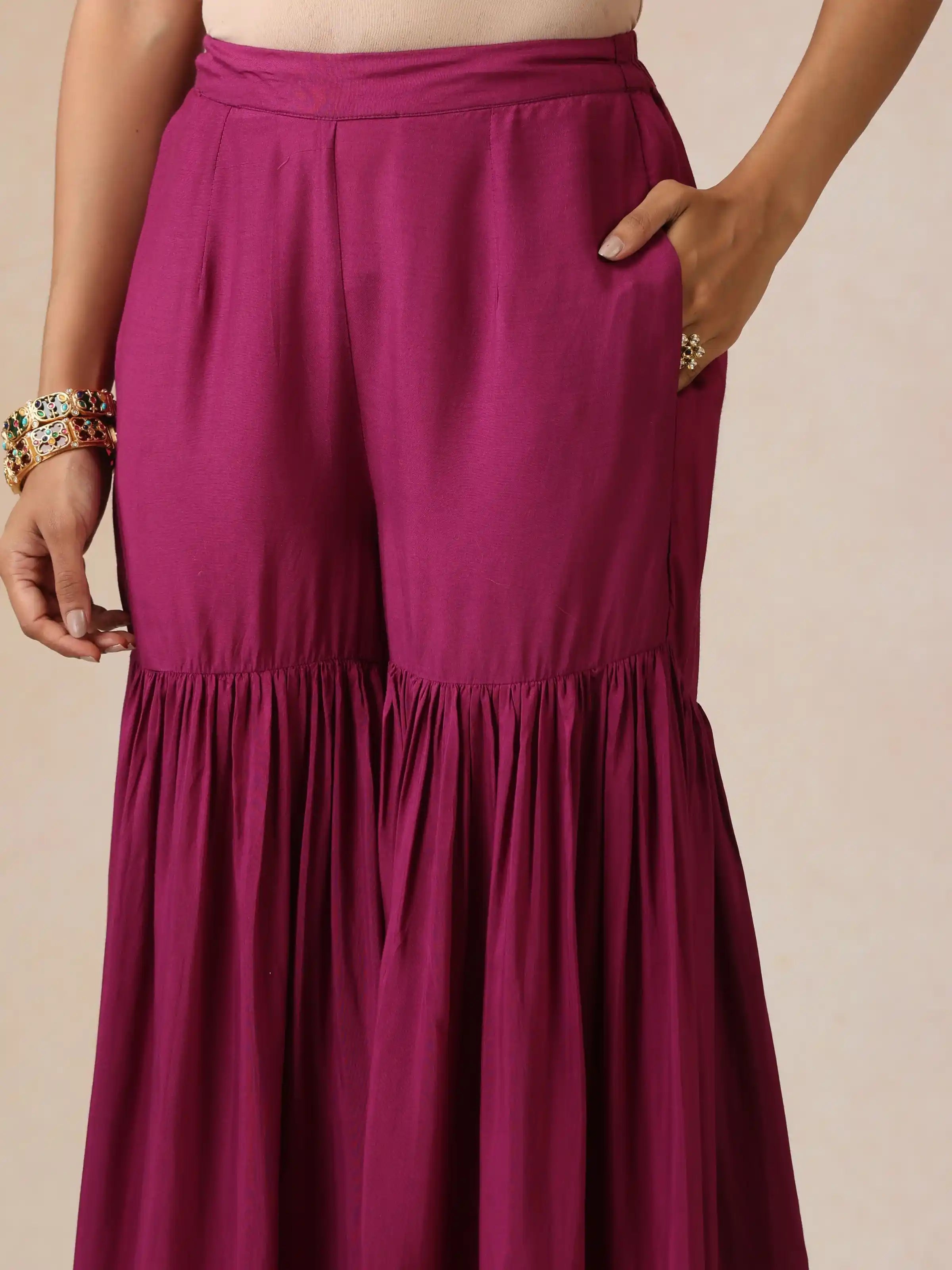 trueBrowns Magenta Gold Foil Print Muslin Silk Sharara Set