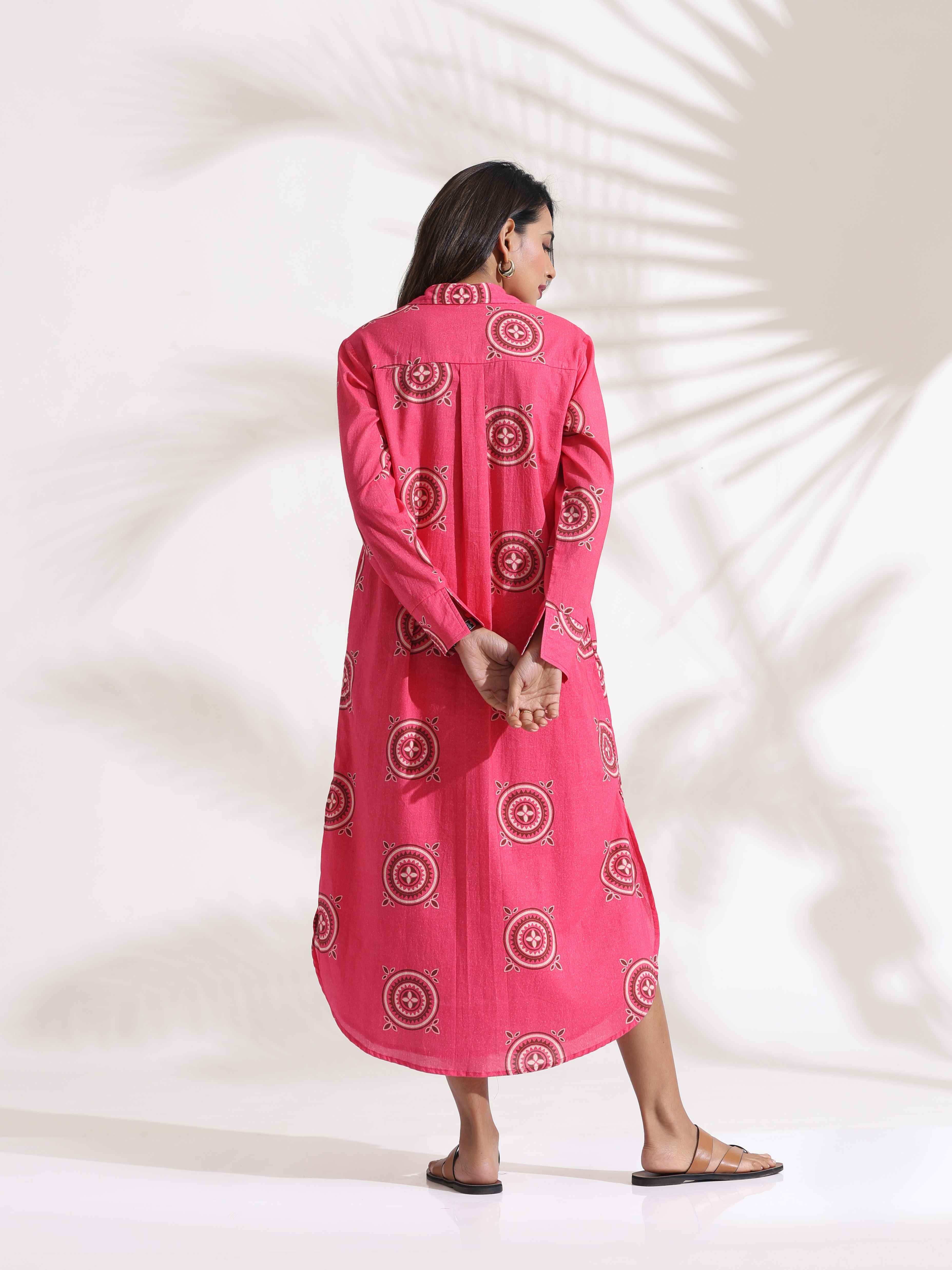 trueBrowns Pink Cotton Print A-line Dress