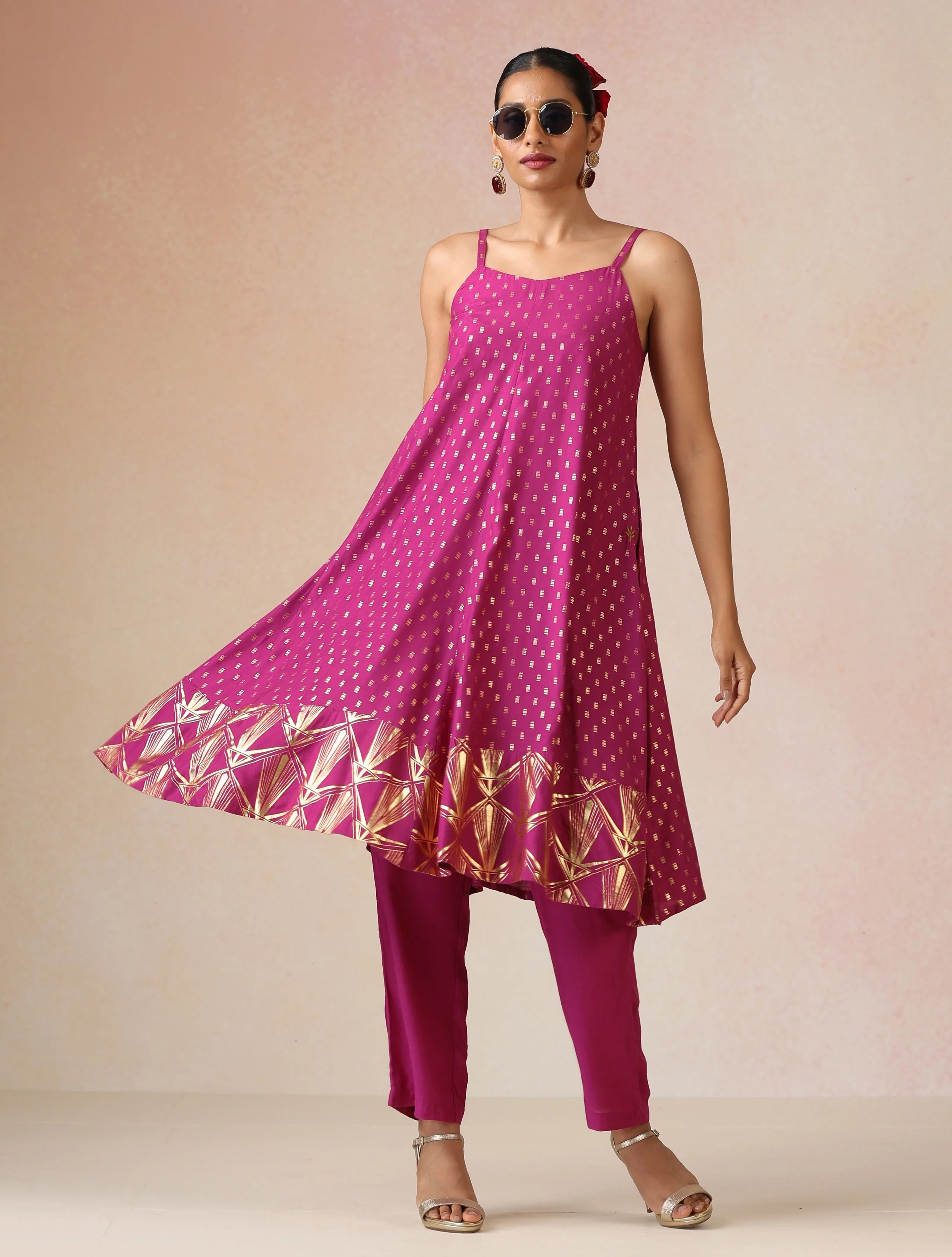 trueBrowns Pink Gold Foil Print Muslin Silk Flared Kurta Set