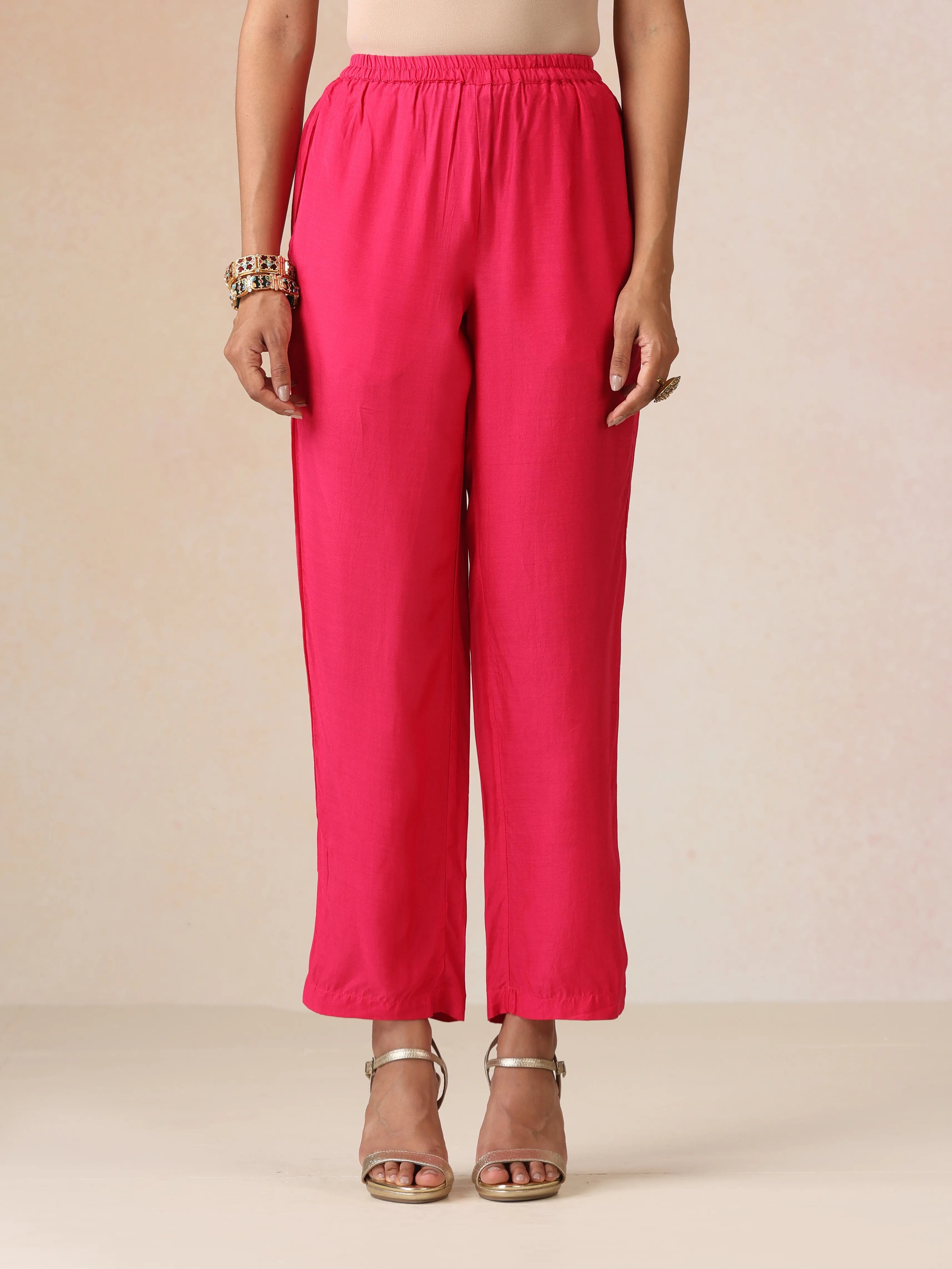 trueBrowns Pink Green Floral Print Viscose Anarkali Kurta Pants Dupatta Set