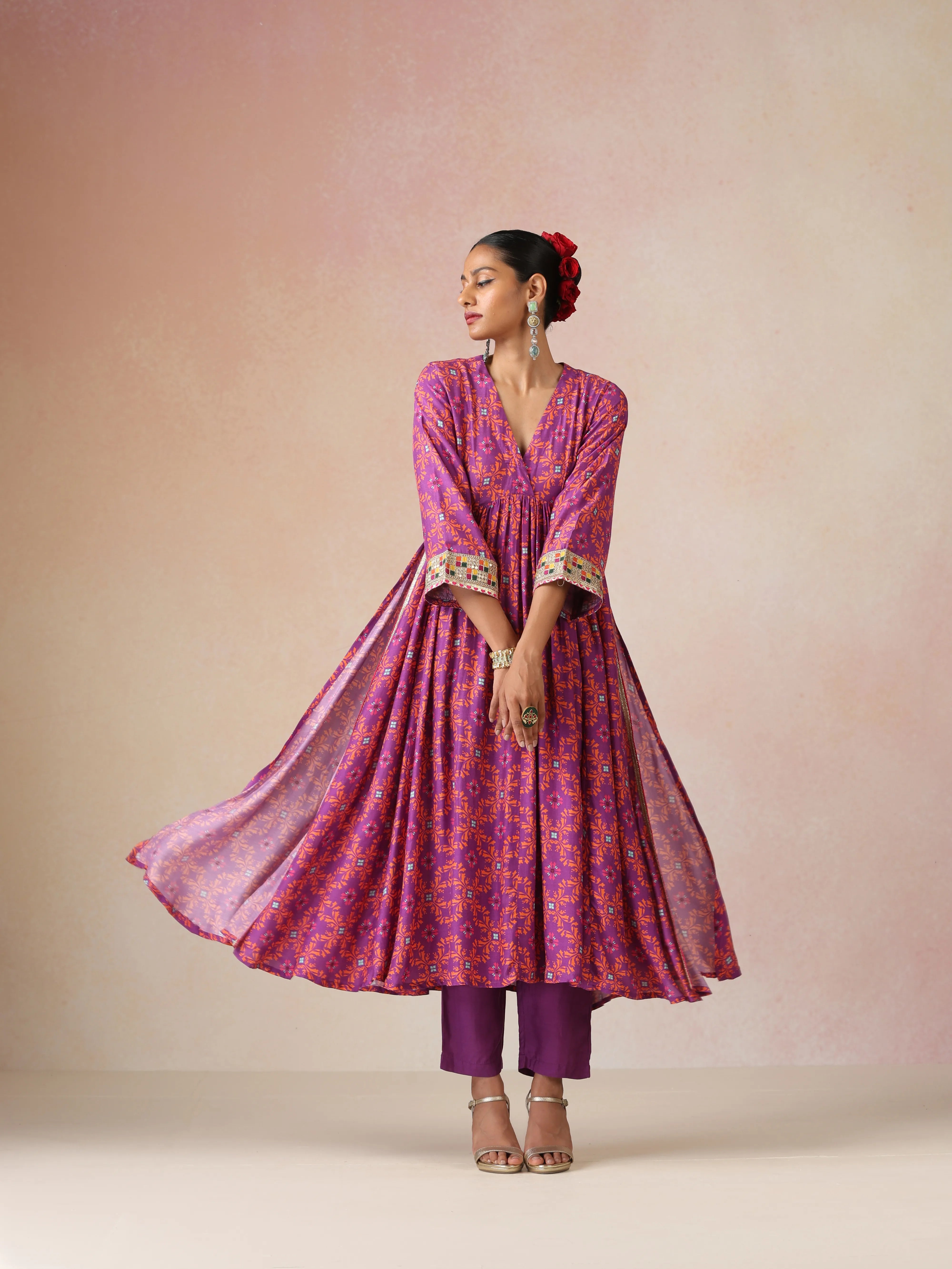 trueBrowns Purple Orange Jaal Print Viscose Anarkali High-Slit Kurta Set