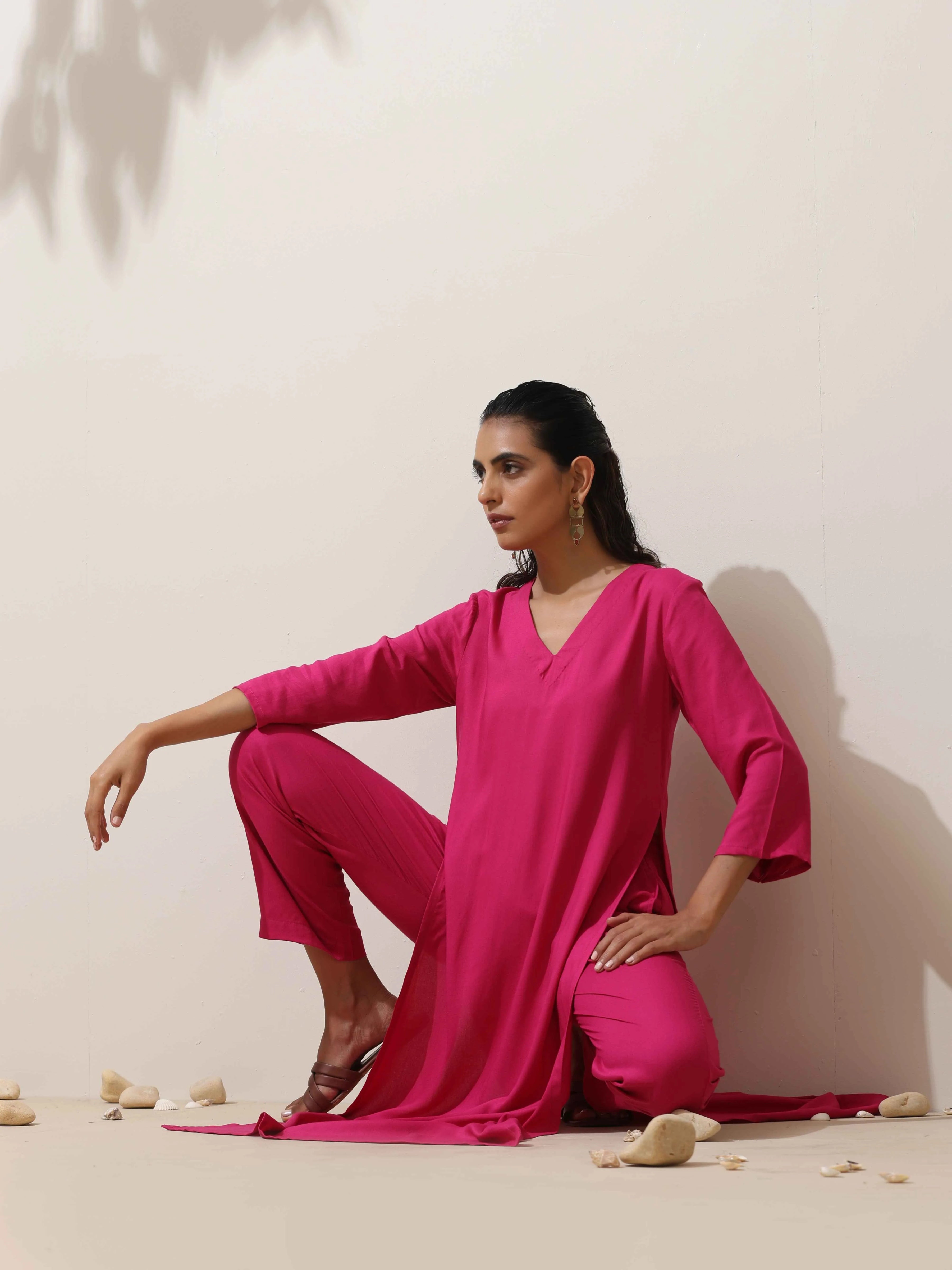 trueBrowns Pink Viscose Kurta Pant Set
