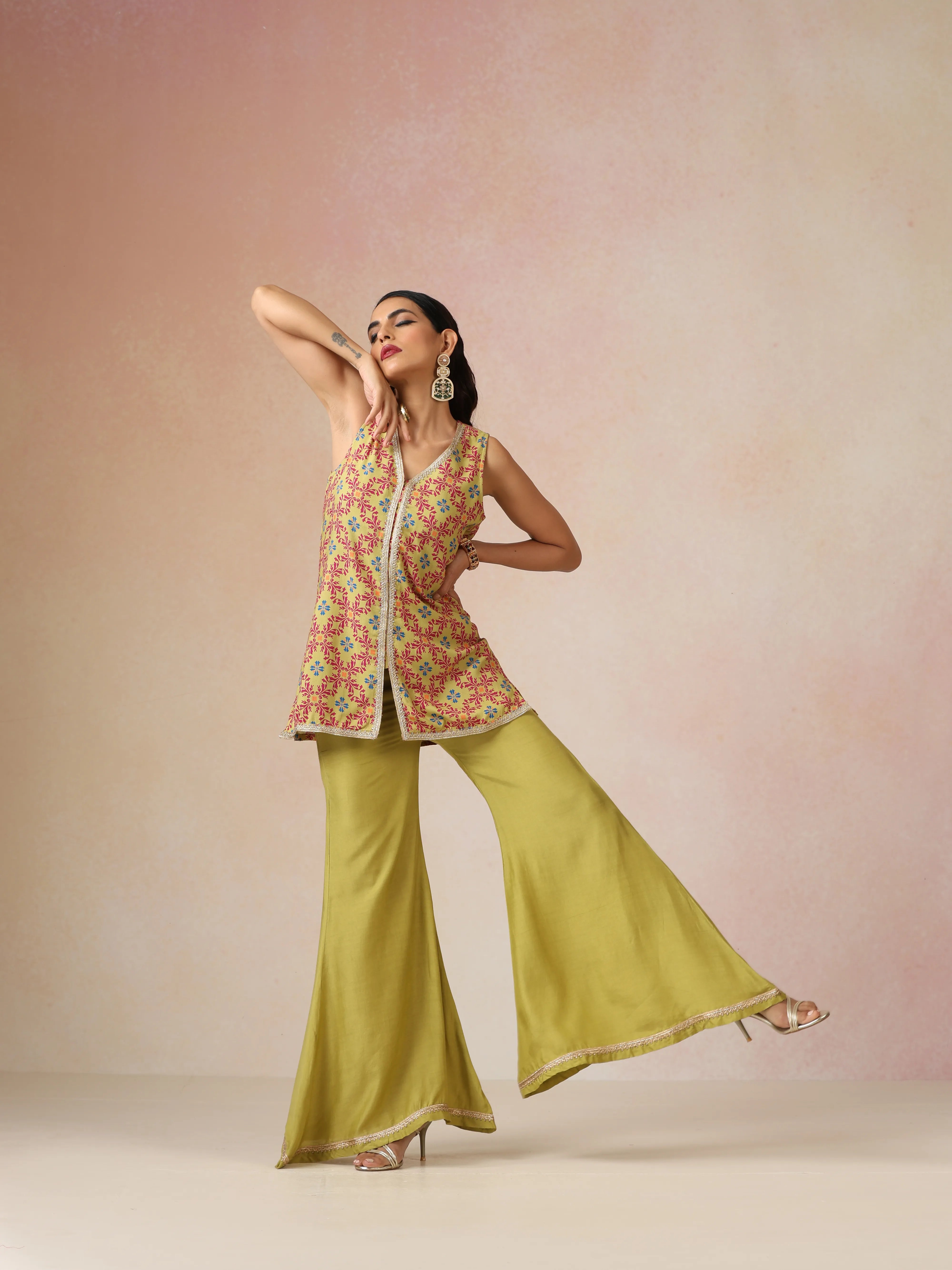 trueBrowns Light Green Pink Jaal Print Viscose Jacket and Flared Pants Co-ord Set