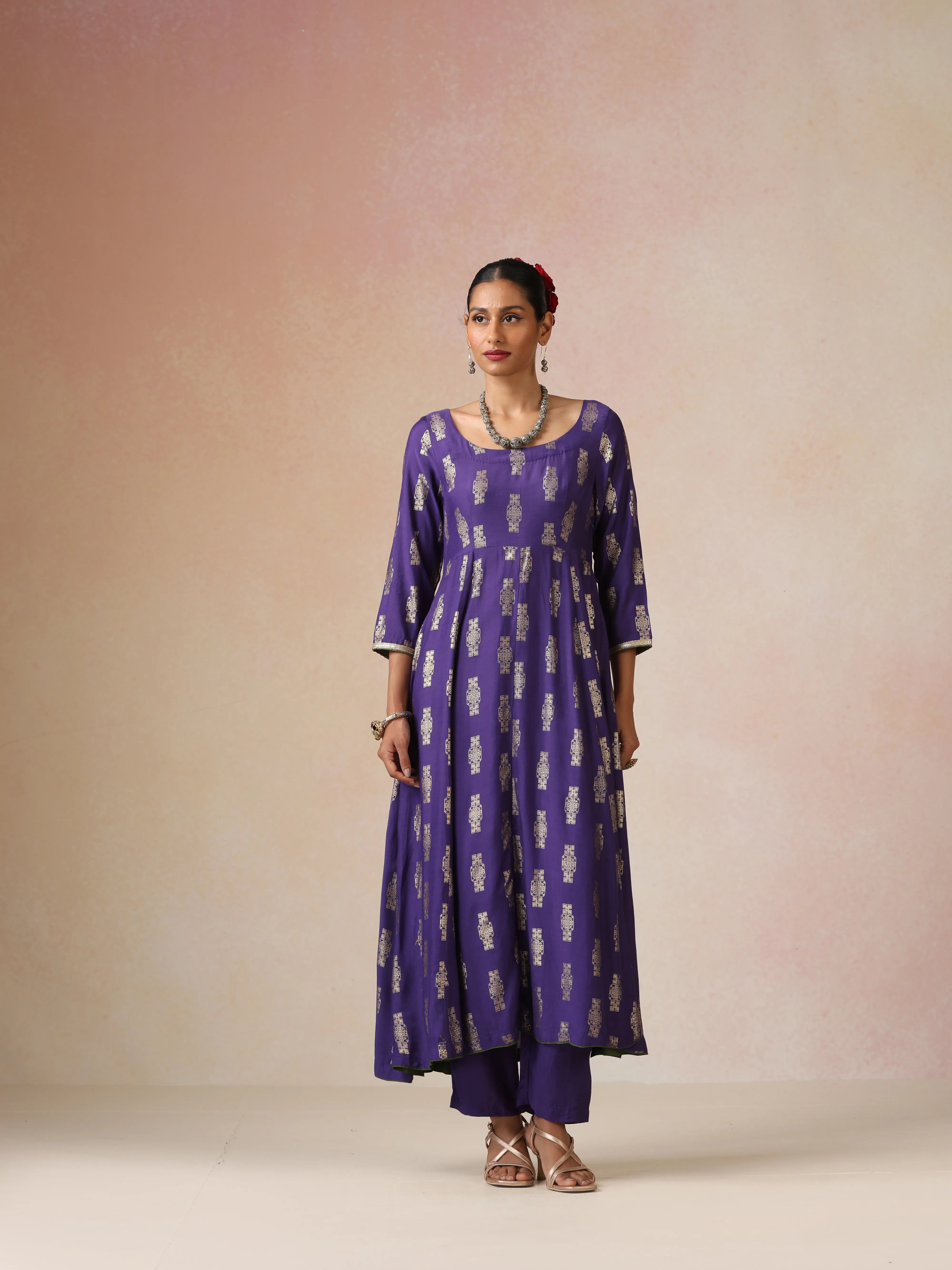 trueBrowns Purple Gold Foil Print Muslin Silk Anarkali Kurta Pants Dupatta Set