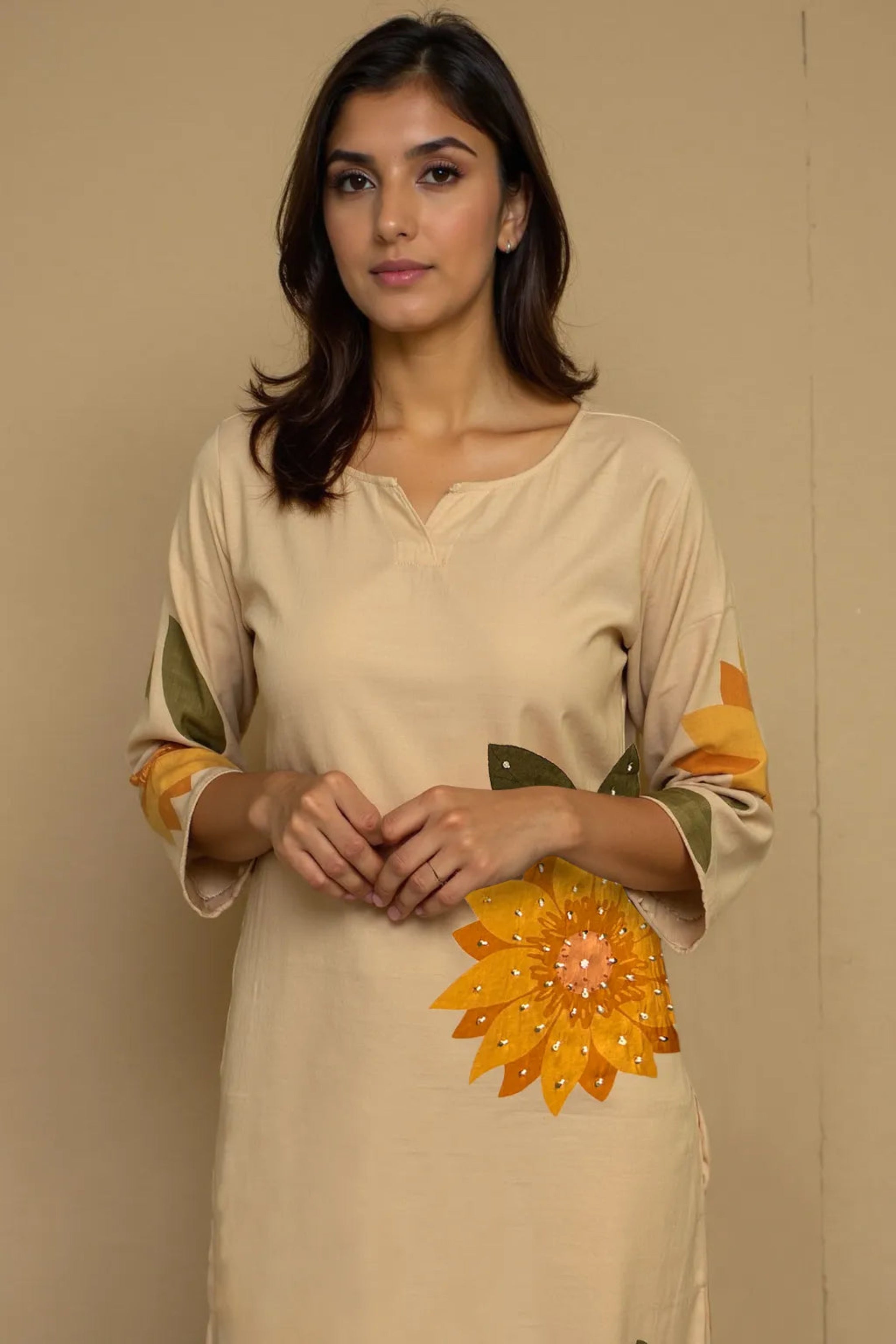 trueBrowns Beige Sunflower Print Kurta Pant Dupatta Set