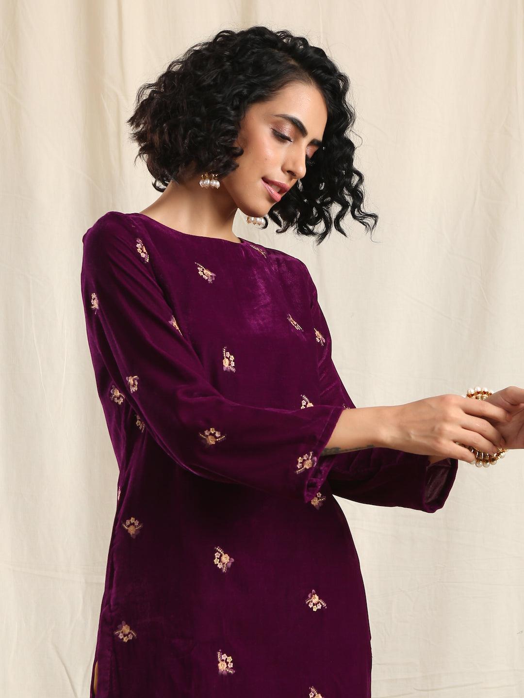 Wine Velvet Embroidered Slit Kurta - trueBrowns