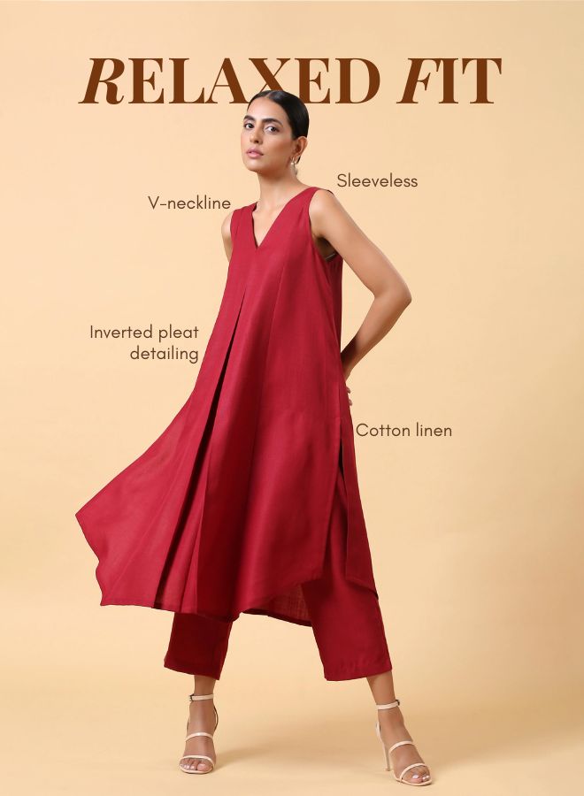 Cotton Linen Maroon Sleeveless Kurta Pant Set