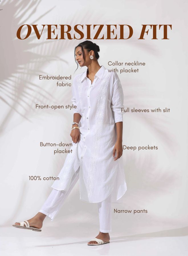 trueBrowns White Cotton Schiffli Shirt Kurta Set