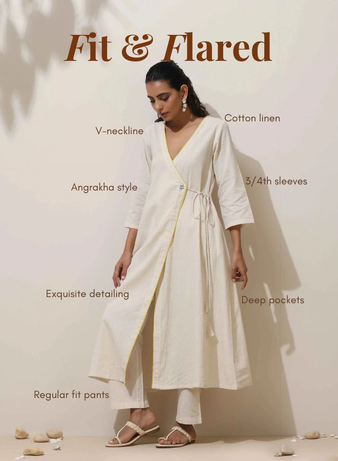 trueBrowns Off White Cotton Linen Angrakha Kurta Pant Set