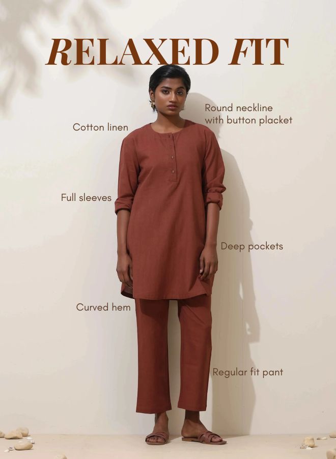 trueBrowns Brown Cotton Linen Kurta Co-Ord Set