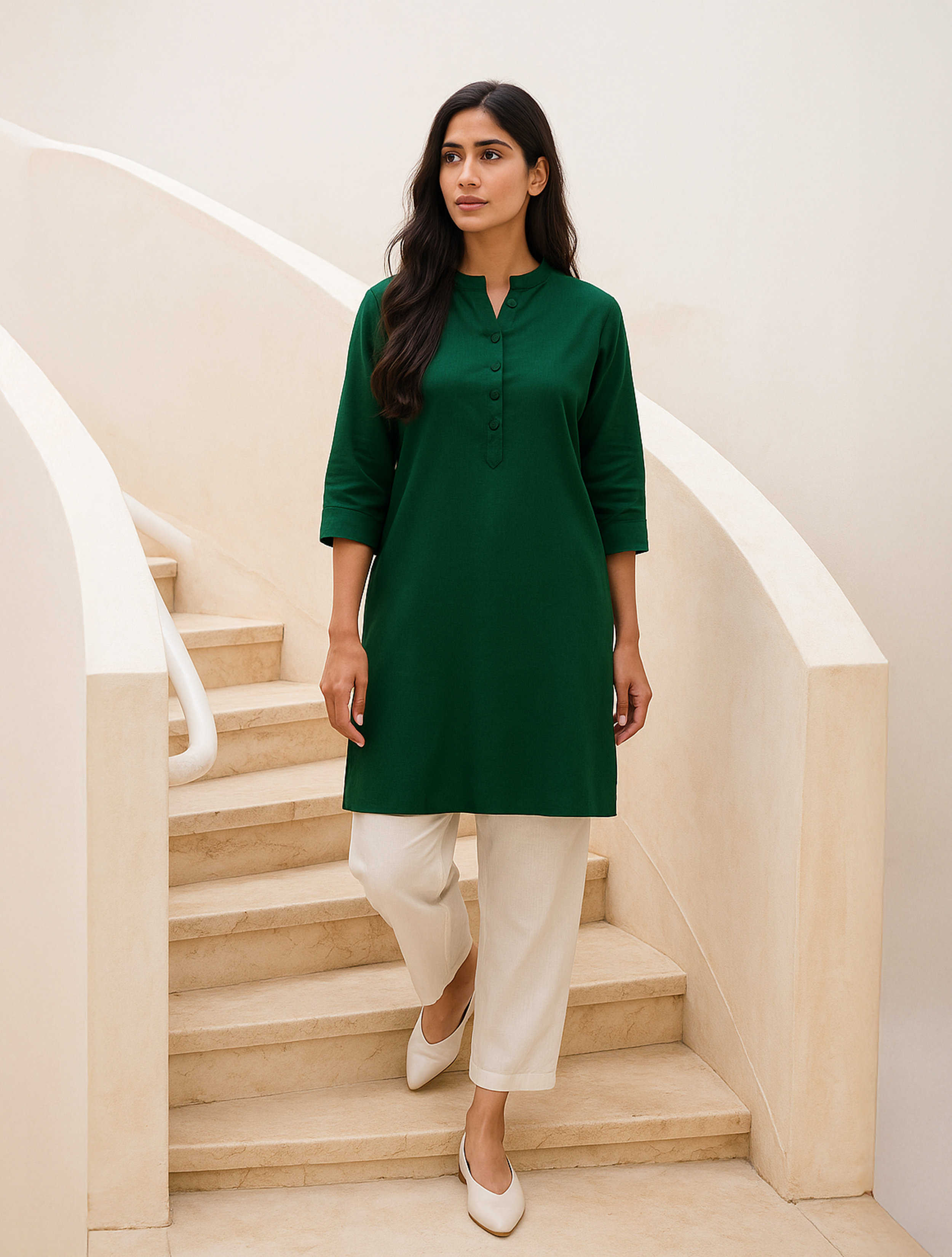 trueBrowns Dark Green Cotton Blend Short Kurta