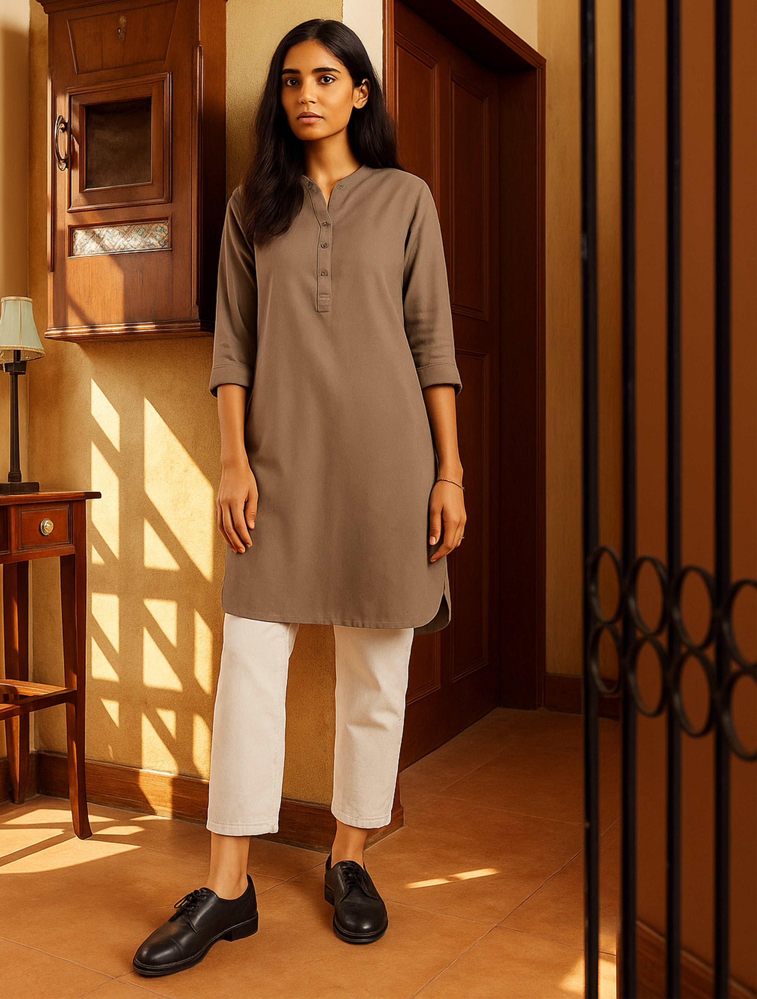 trueBrowns Light Grey Cotton Blend Short Kurta