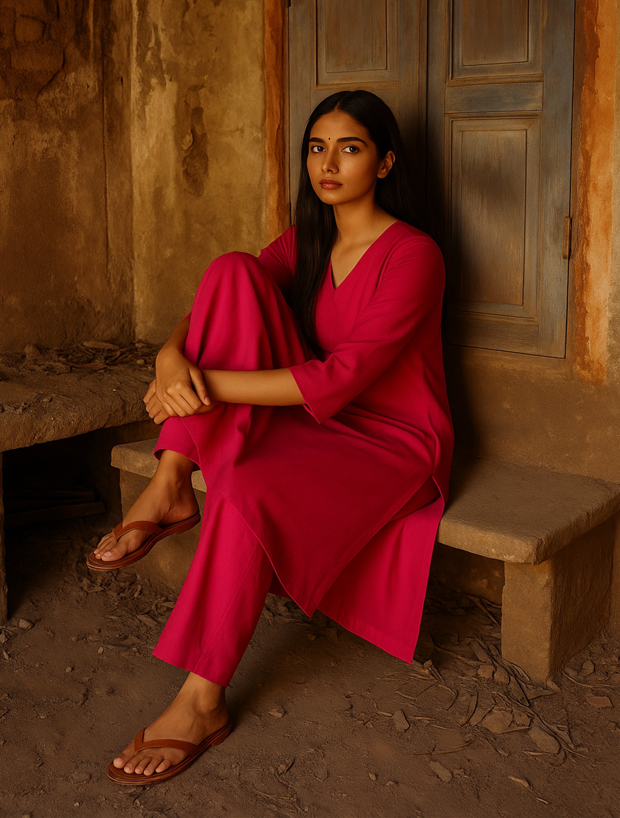 trueBrowns Pink Viscose Kurta Pant Set