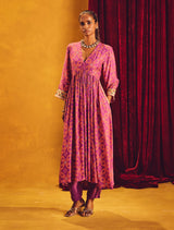 trueBrowns Purple Orange Jaal Print Viscose Anarkali High-Slit Kurta Set