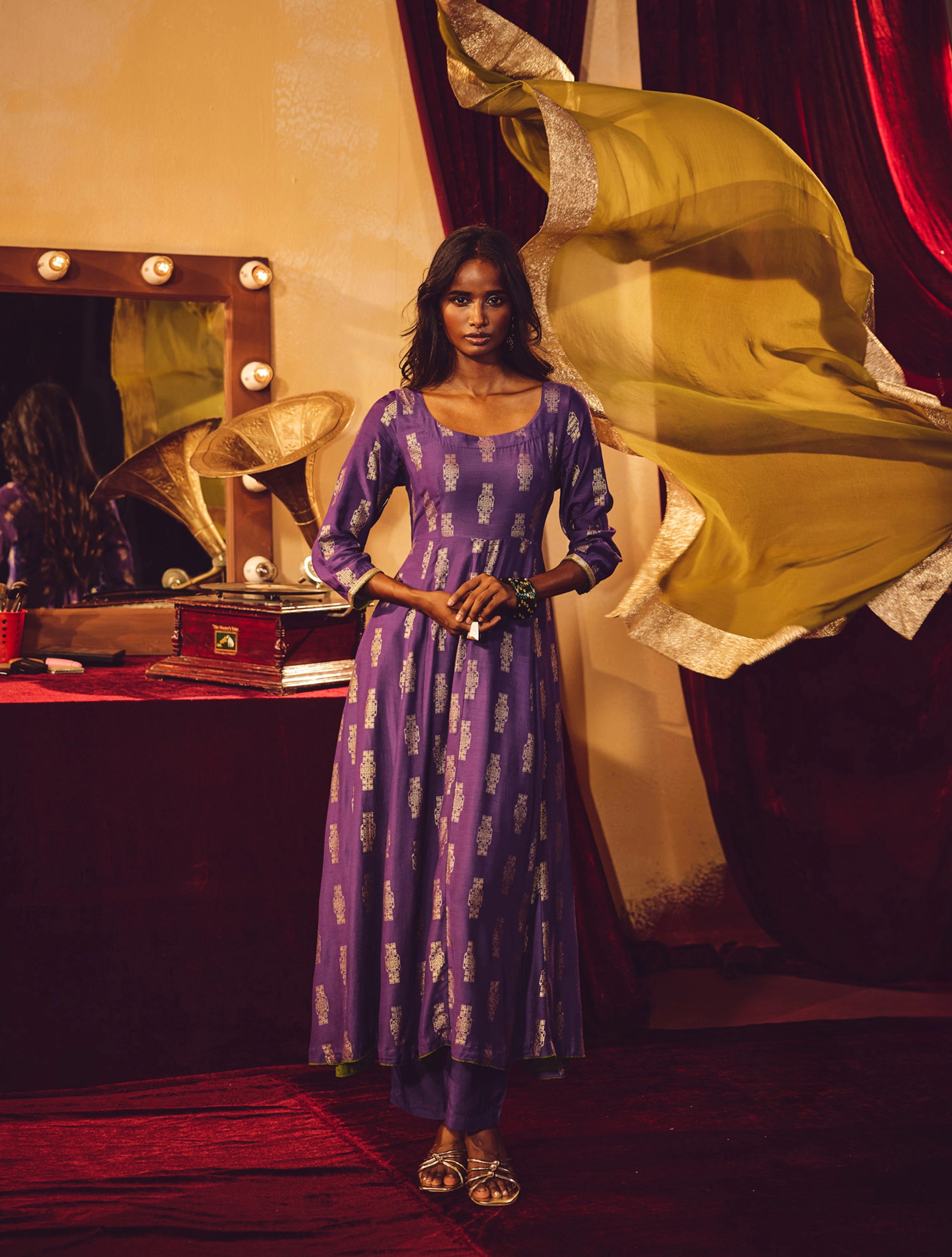 trueBrowns Purple Gold Foil Print Muslin Silk Anarkali Kurta Pants Dupatta Set