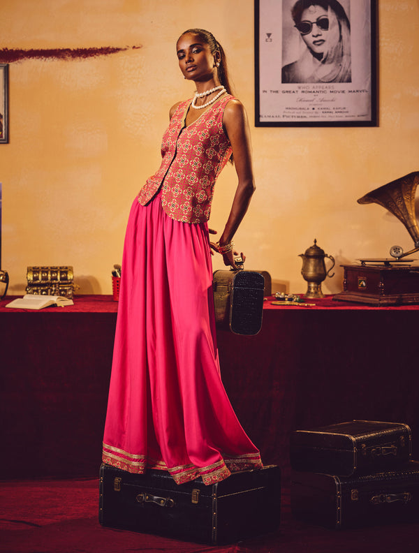 trueBrowns Pink Print Viscose Jacket Skirt Co-ord Set
