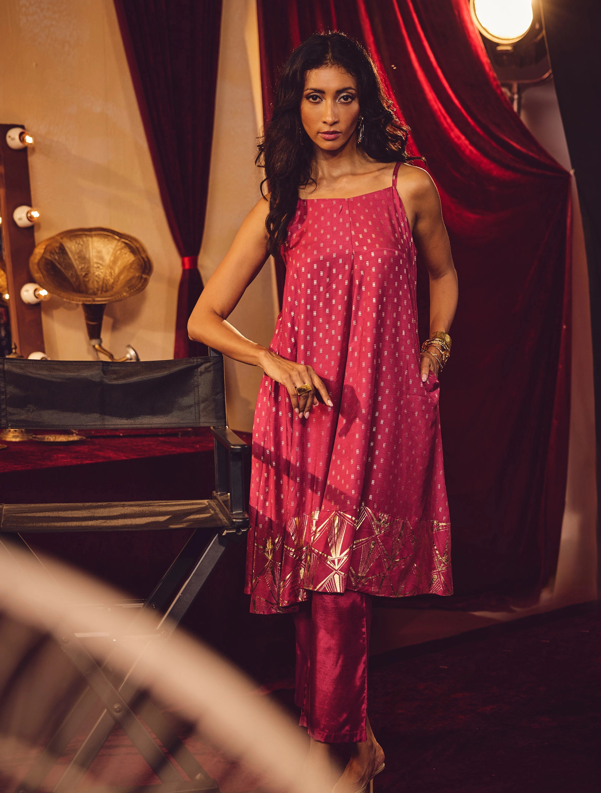 trueBrowns Pink Gold Foil Print Muslin Silk Flared Kurta Set