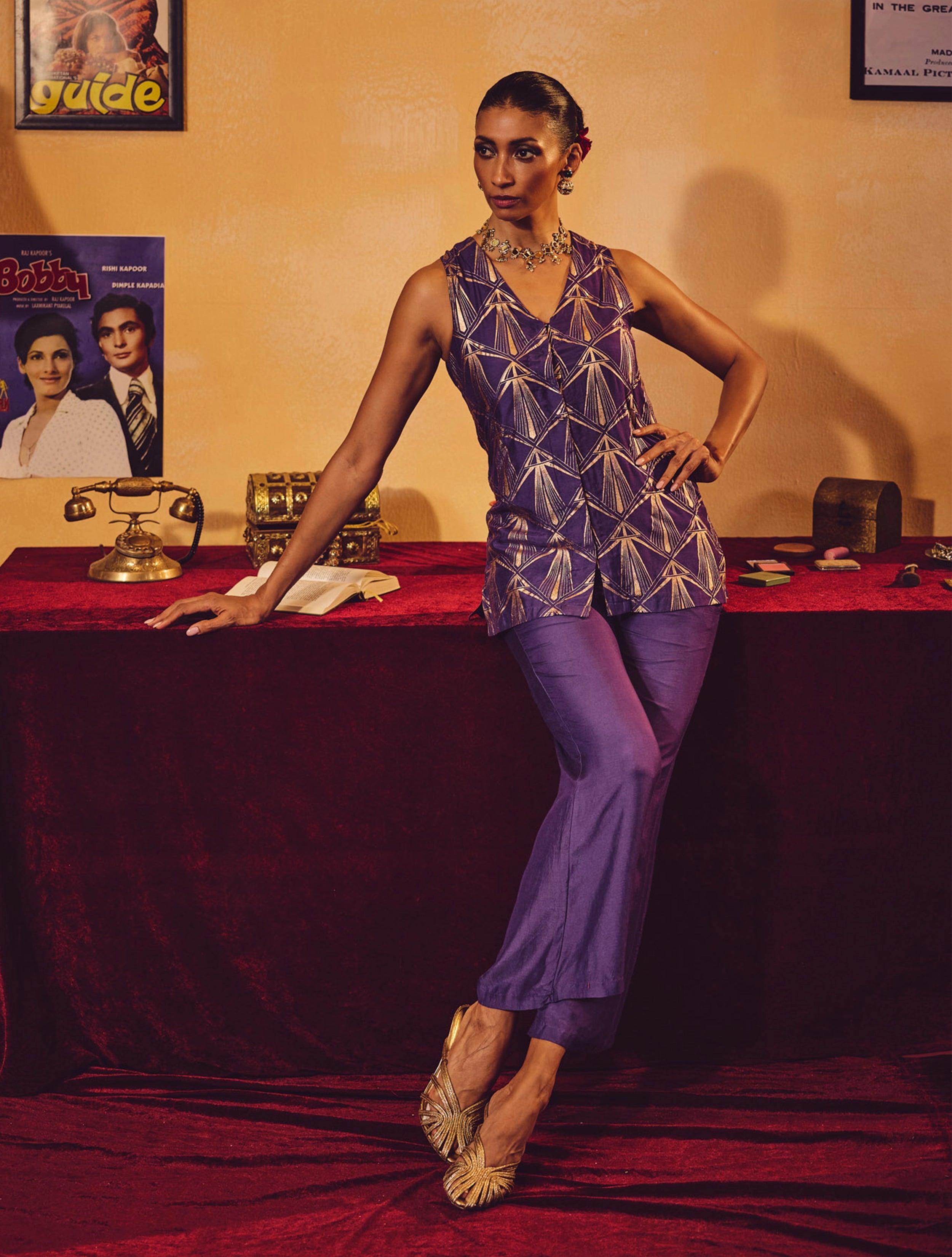 trueBrowns Purple Rose-Gold Foil Print Jacket and Flared Pants Co-ord Set