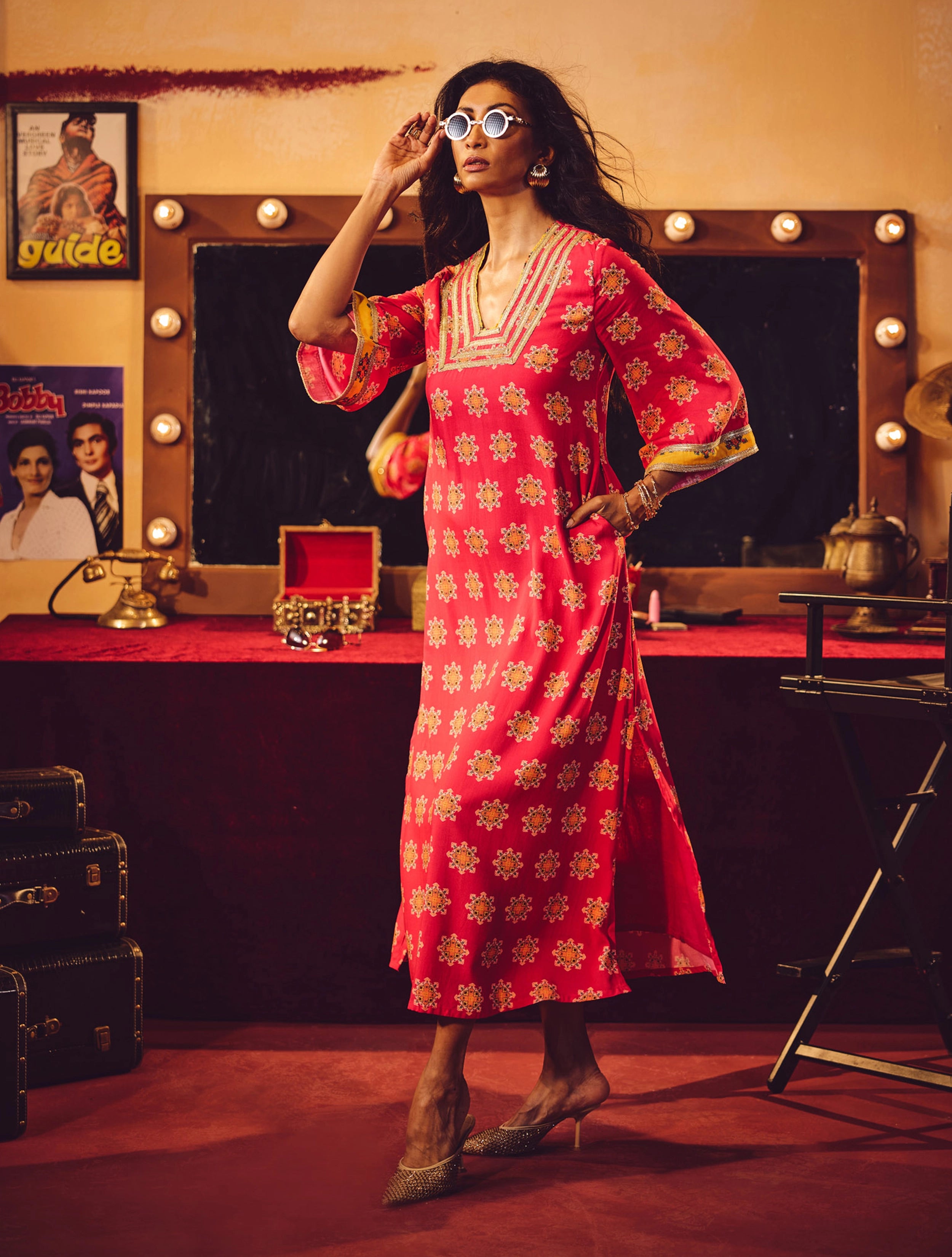 trueBrowns Pink Boota Print Viscose Straight Maxi Dress