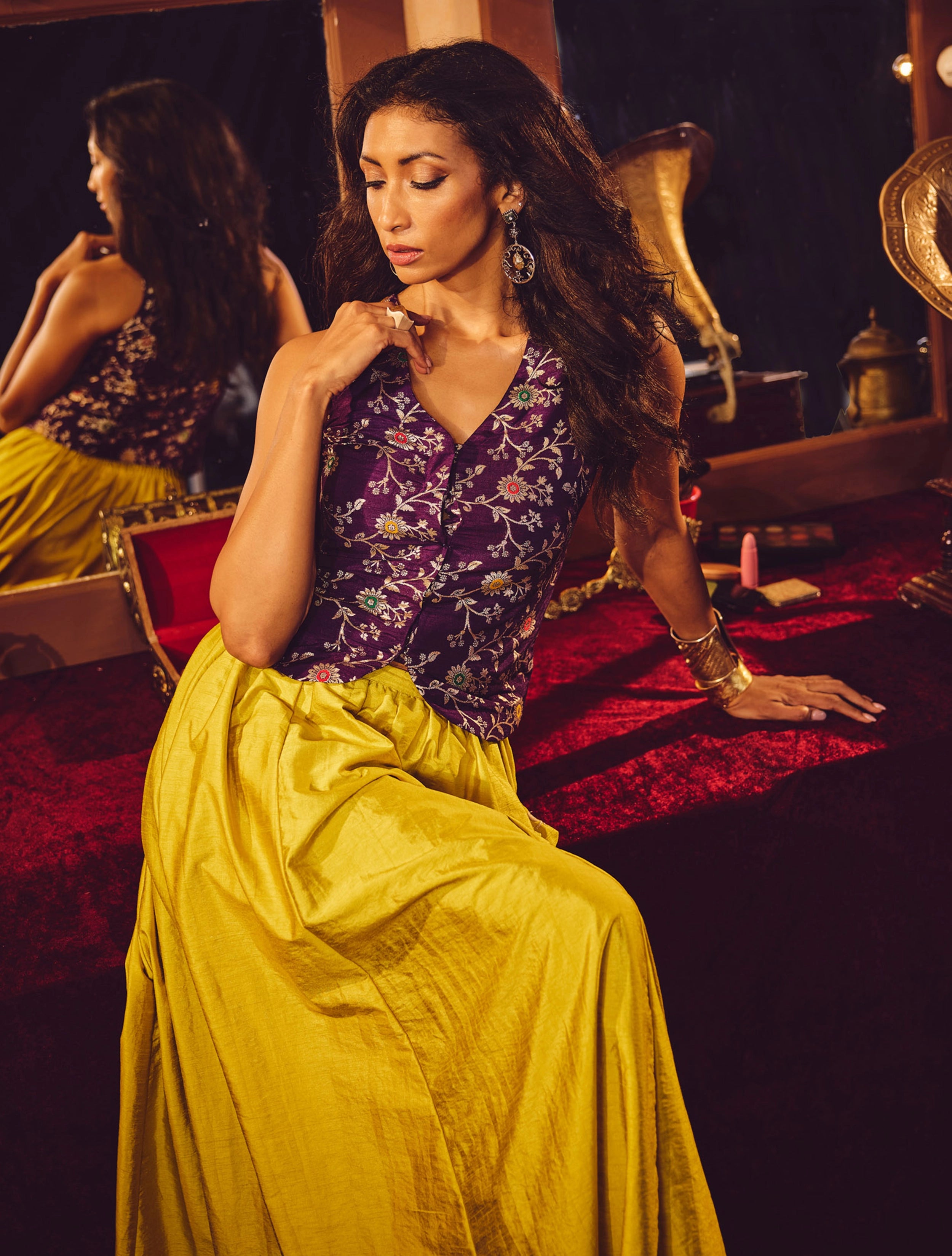 trueBrowns Purple Brocade Jacket Skirt Co-ord Set