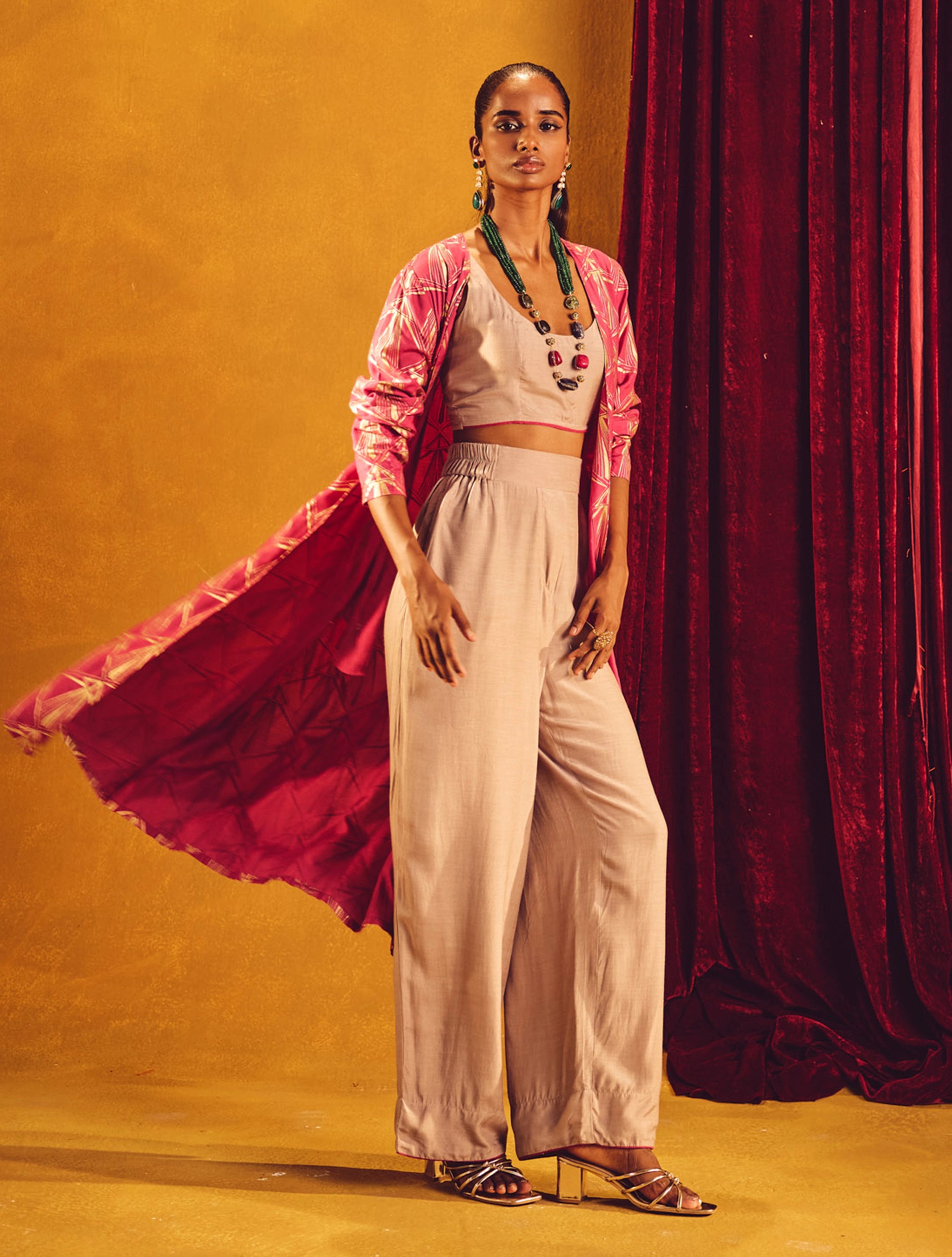 trueBrowns Grey and Pink Gold Foil Print Muslin Silk Jacket Set