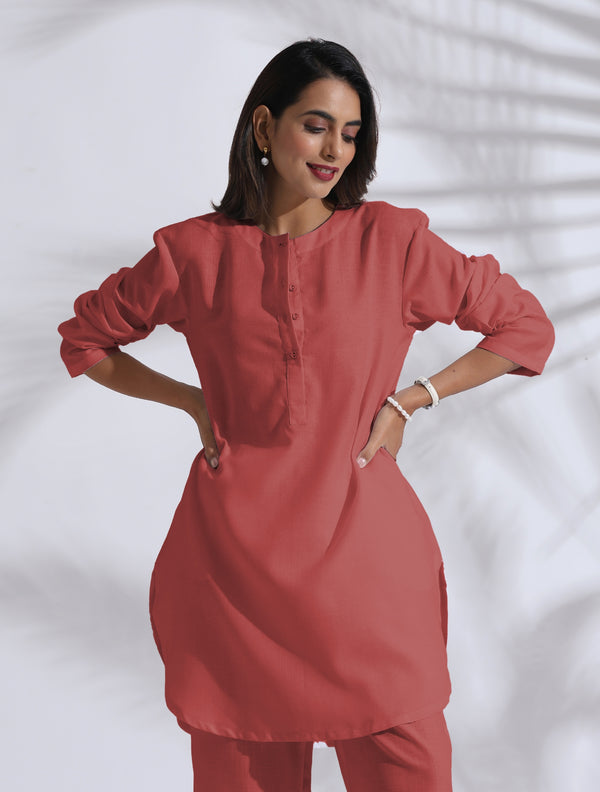 trueBrowns Pink Cotton Blend Pleated Kurta Co-ord Set