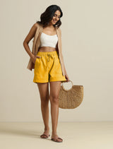 trueBrowns Yellow Cotton Blend Shorts With Drawstring