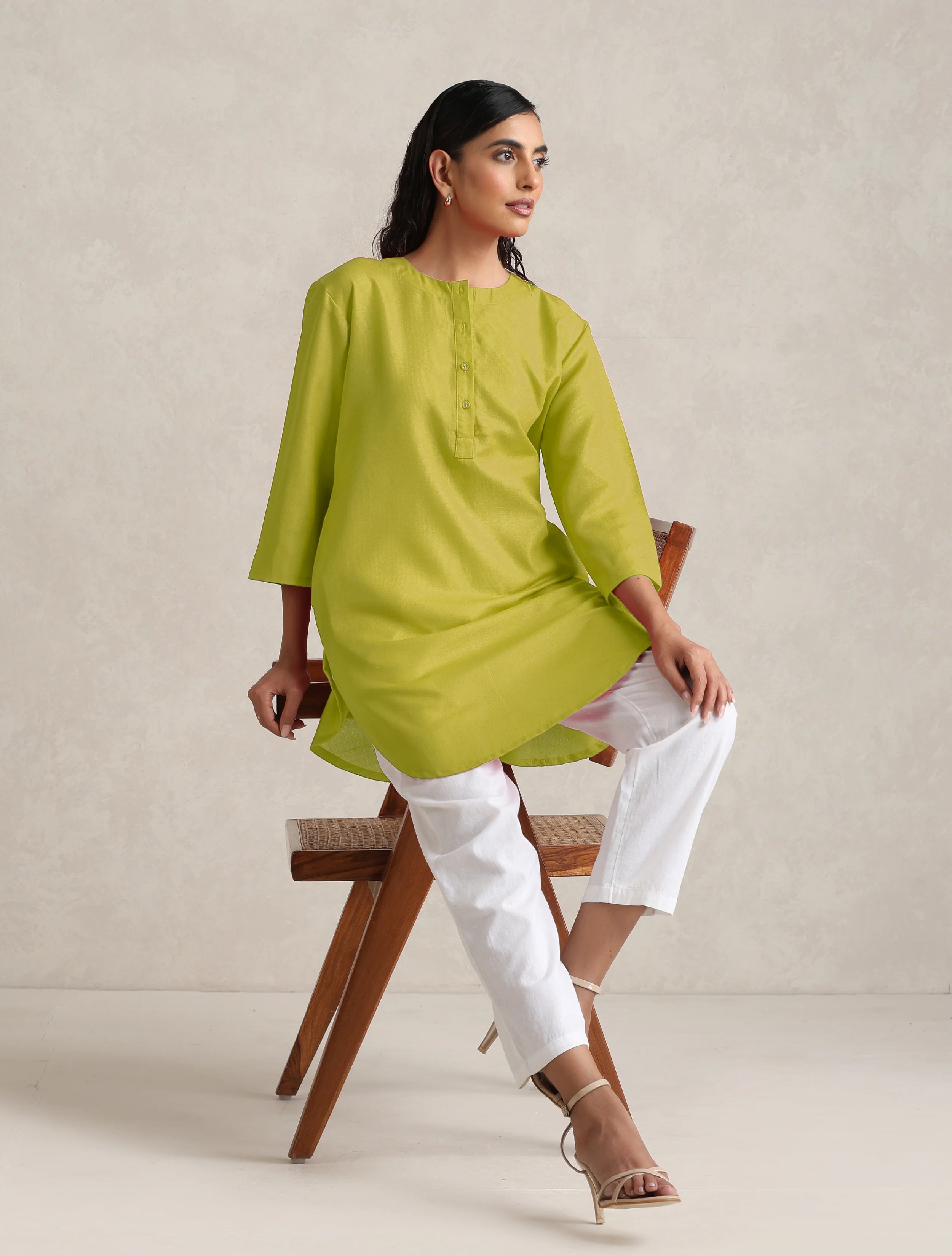 trueBrowns Lime Cotton Blend Short Kurta