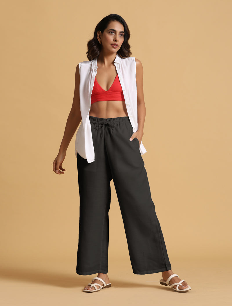 trueBrowns Black Cotton Blend Elasticated Drawstring Straight Pants